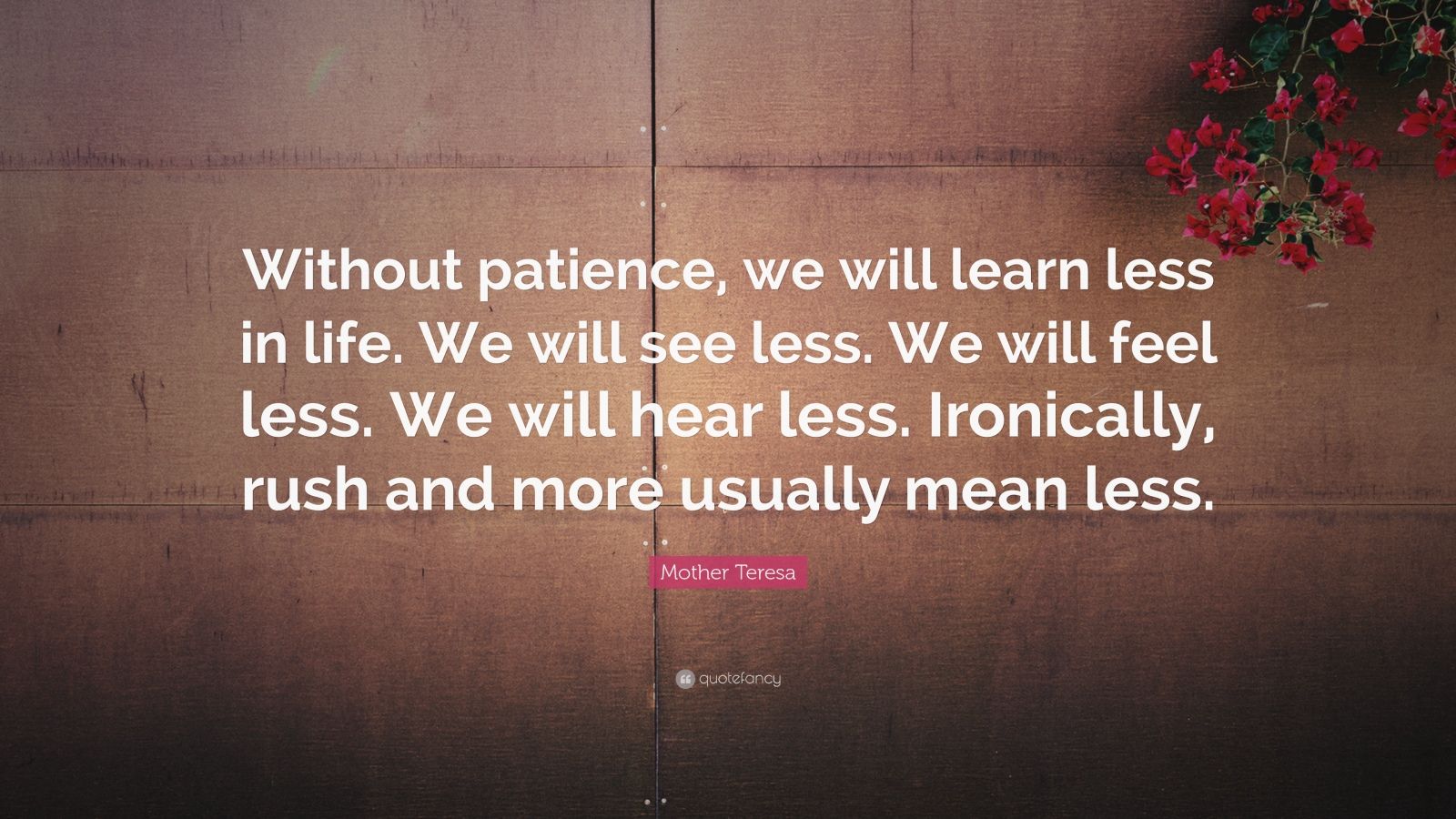 Mother Teresa Quote: “Without patience, we will learn less in life. We will see less. We will feel less. We will hear less. Ironically, rush and more usually mean less.”