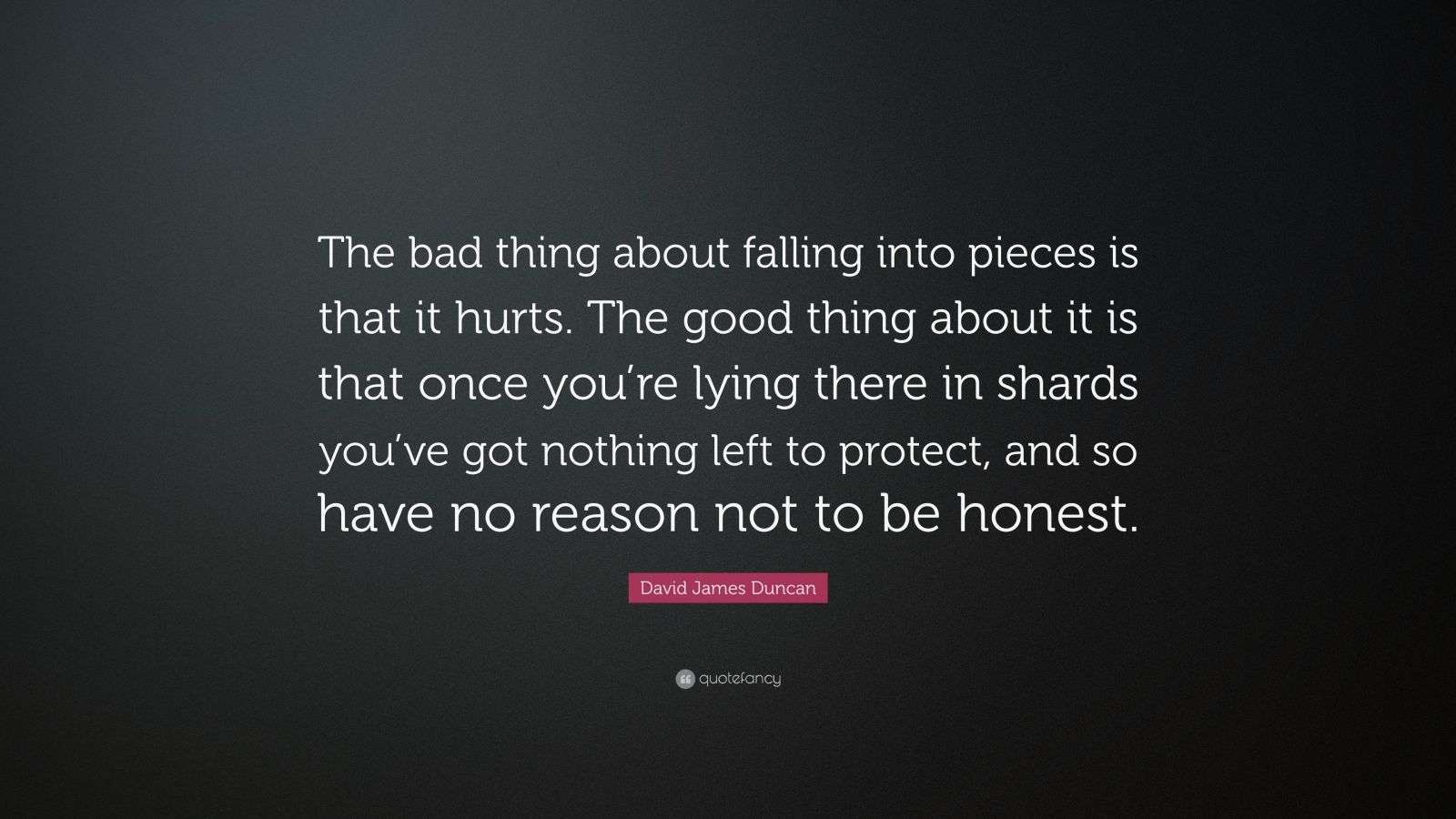 David James Duncan Quote “The bad thing about falling into pieces is