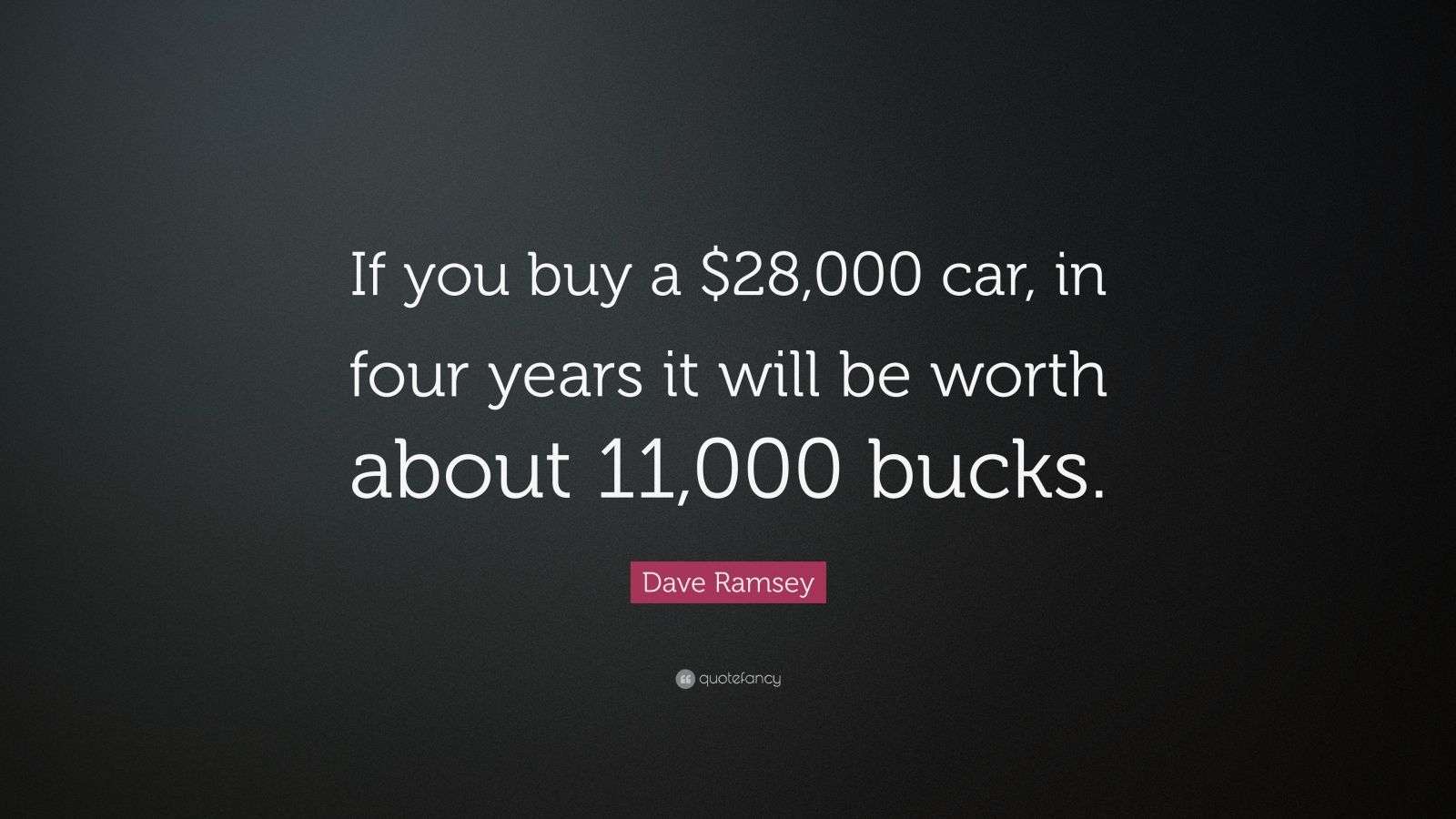 Dave Ramsey Quote: “If you buy a $28,000 car, in four years it will be  worth about 11,000 bucks.”, image size:1600x900