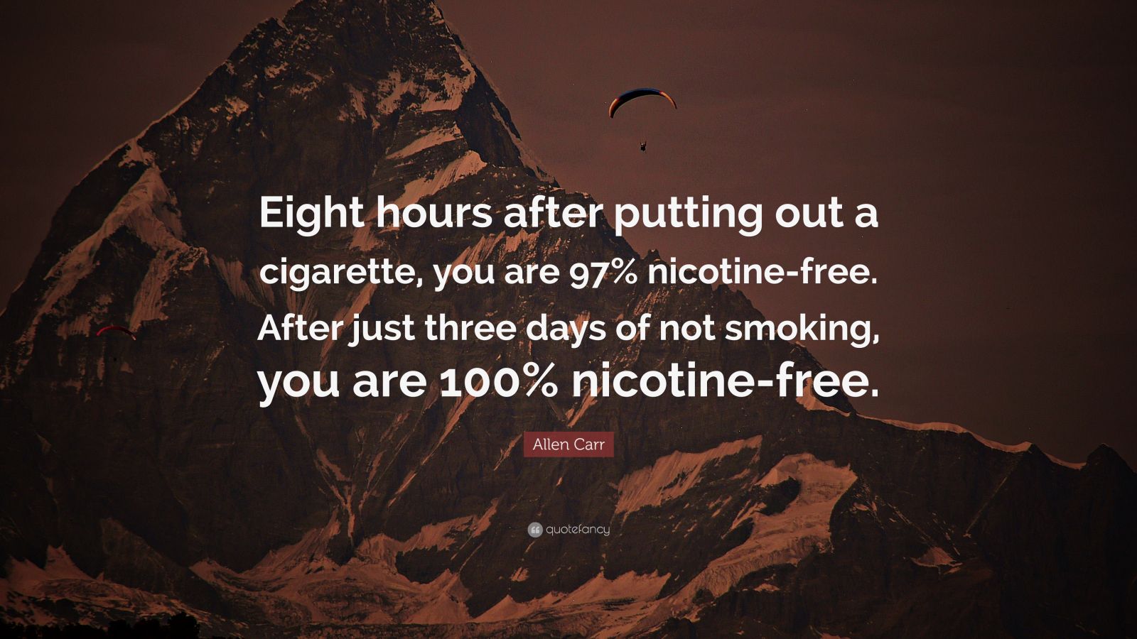 8 hours without a cigarette Allen Carr Quote: “Eight hours after putting out a cigarette, you are 97%  nicotine-free. After just three days of not smoking, you are...”