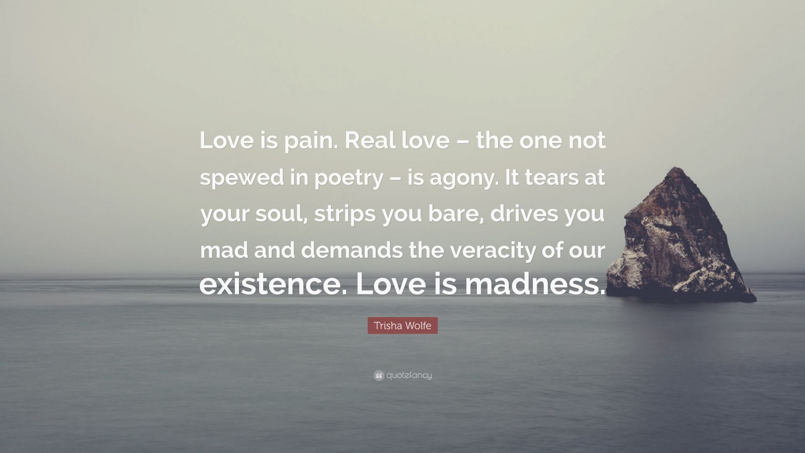 Trisha Wolfe Quote: “Love is pain. Real love – the one not spewed in poetry  – is agony. It tears at your soul, strips you bare, drives you ma”