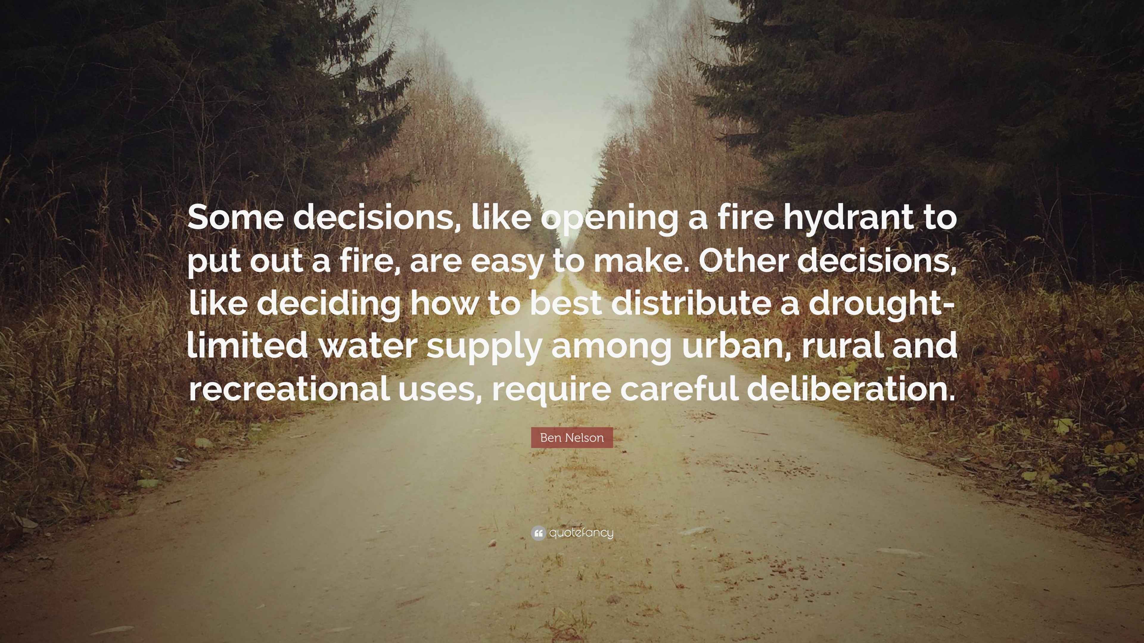 Ben Nelson Quote “Some decisions, like opening a fire hydrant to put