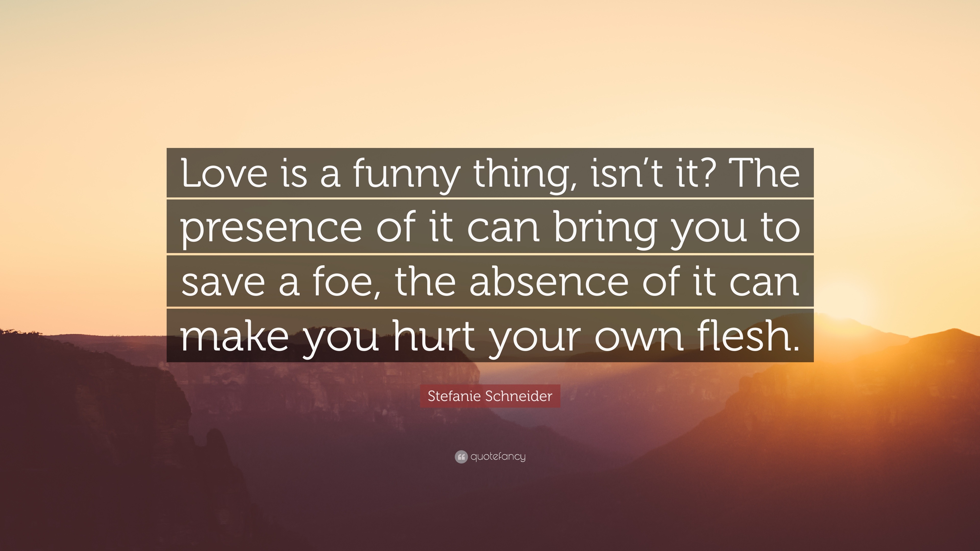 Stefanie Schneider Quote: “Love is a funny thing, isn't it? The presence of  it can bring you to save a foe, the absence of it can make you hurt you...”
