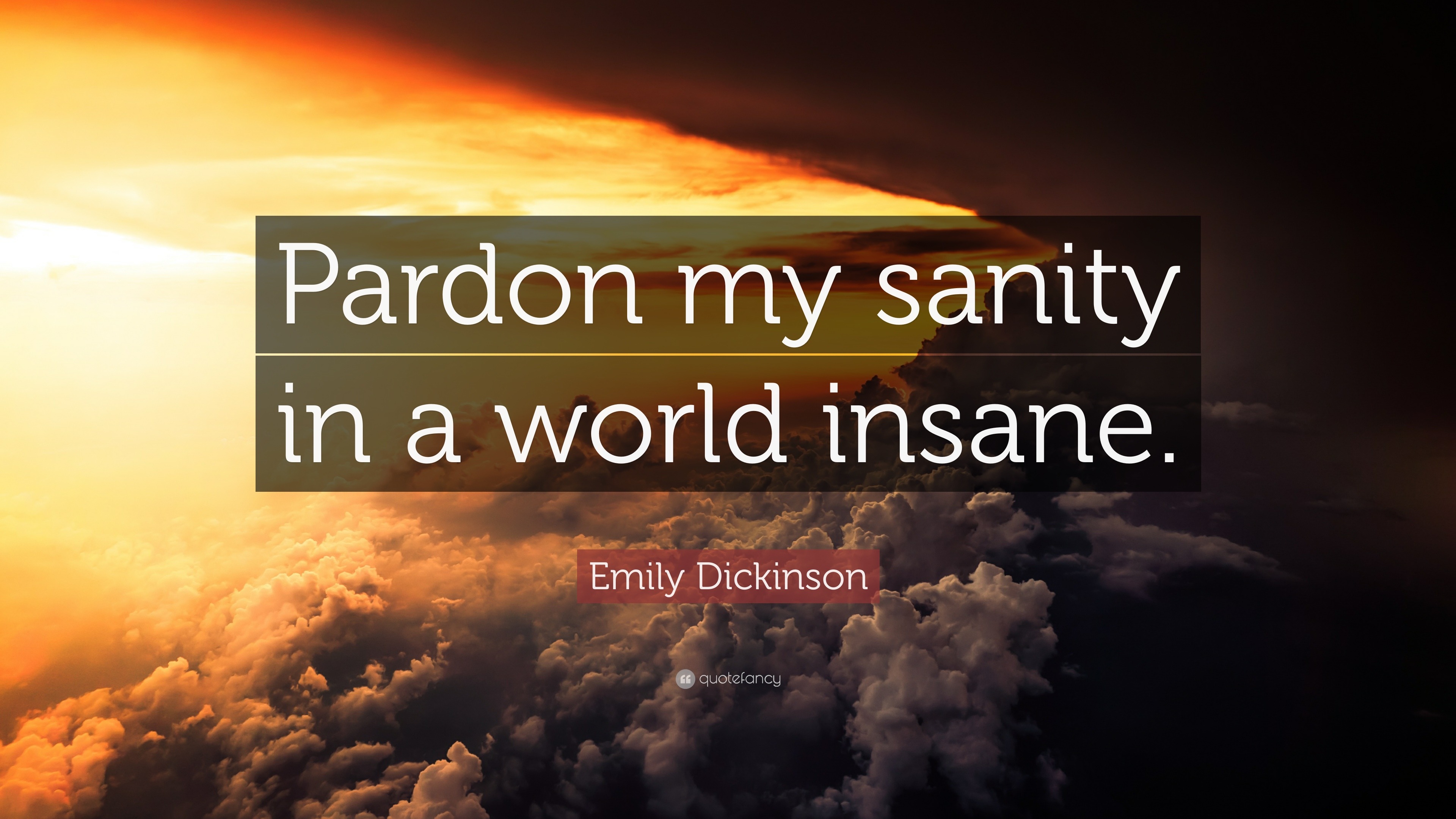 Emily Dickinson Quote: “Pardon my sanity in a world insane.” (23
