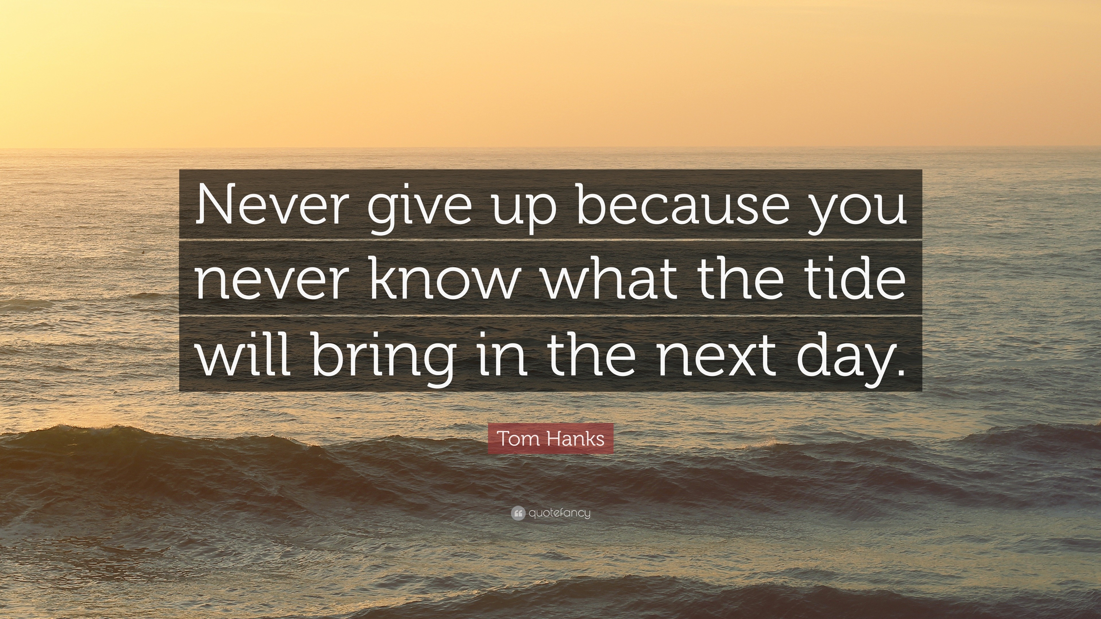 Tom Hanks Quote: “Never give up because you never know what the tide ...