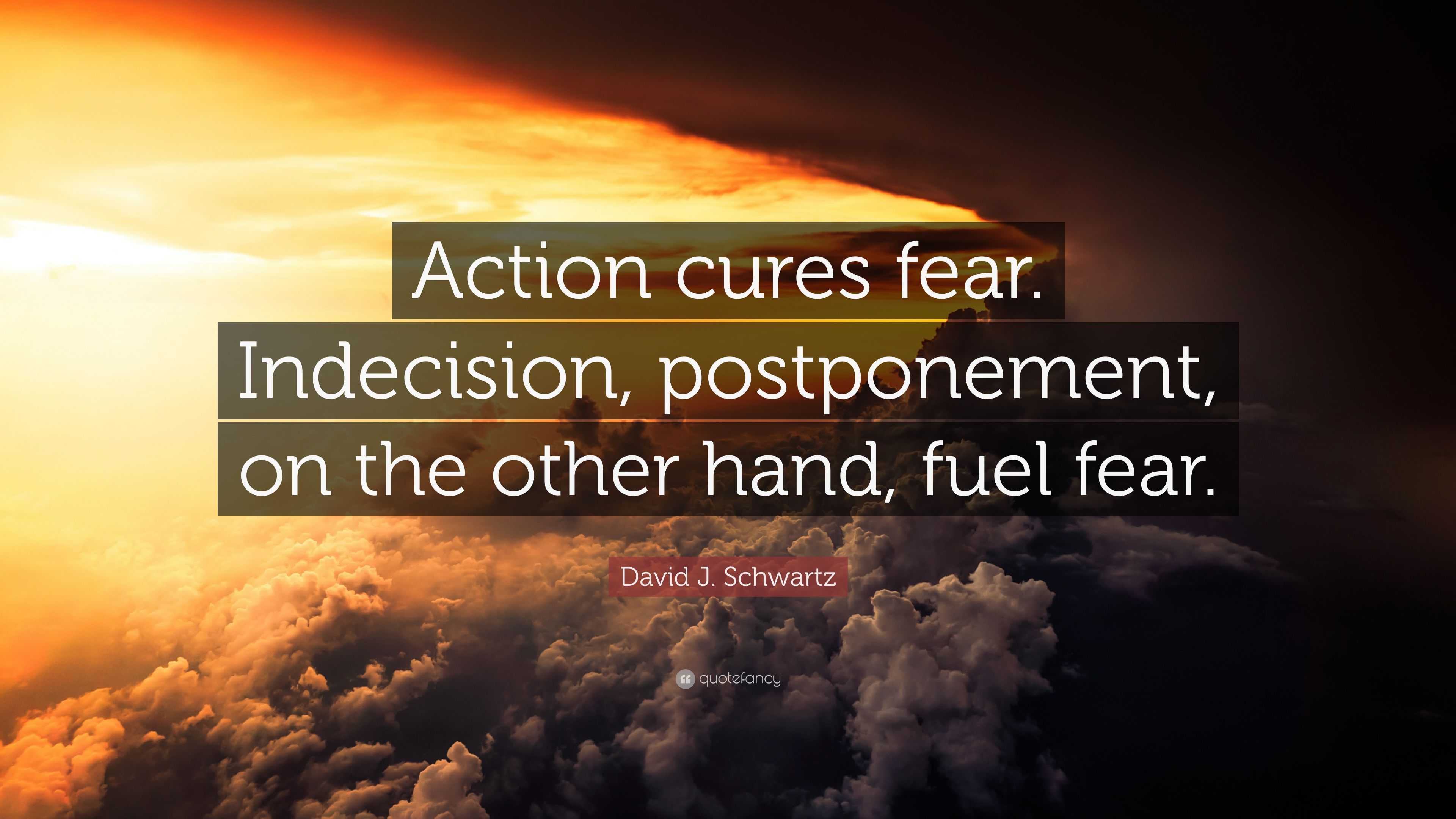 David J. Schwartz Quote: “Action cures fear. Indecision, postponement ...