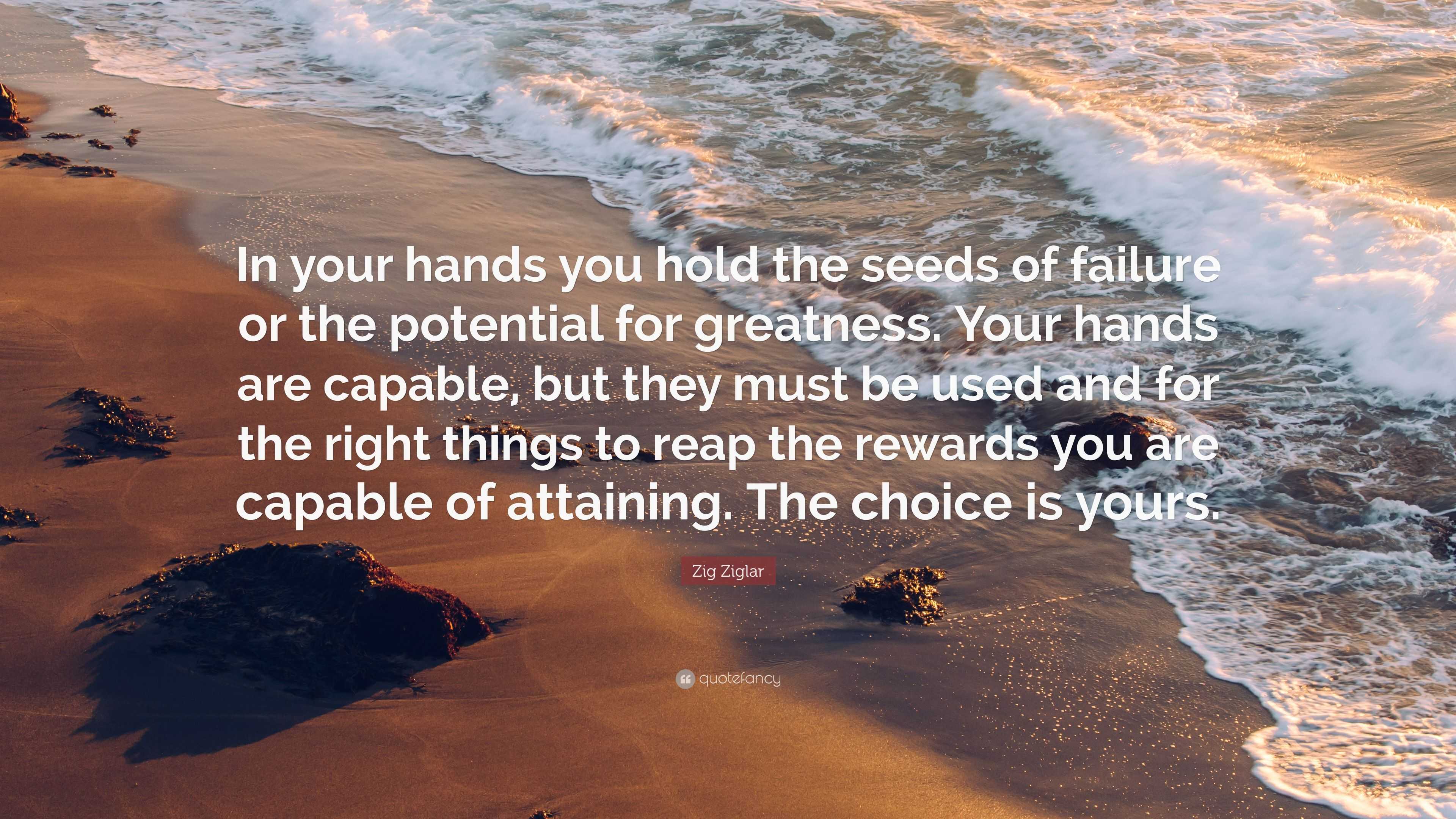 Zig Ziglar Quote: “In your hands you hold the seeds of failure or the ...