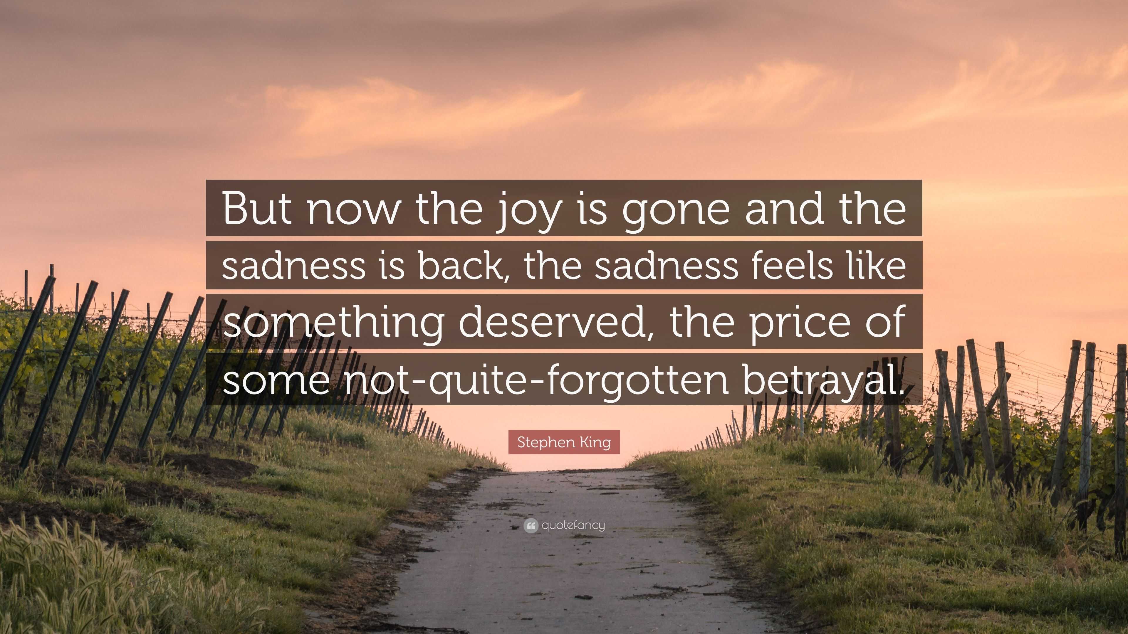 Stephen King Quote: “But now the joy is gone and the sadness is back ...