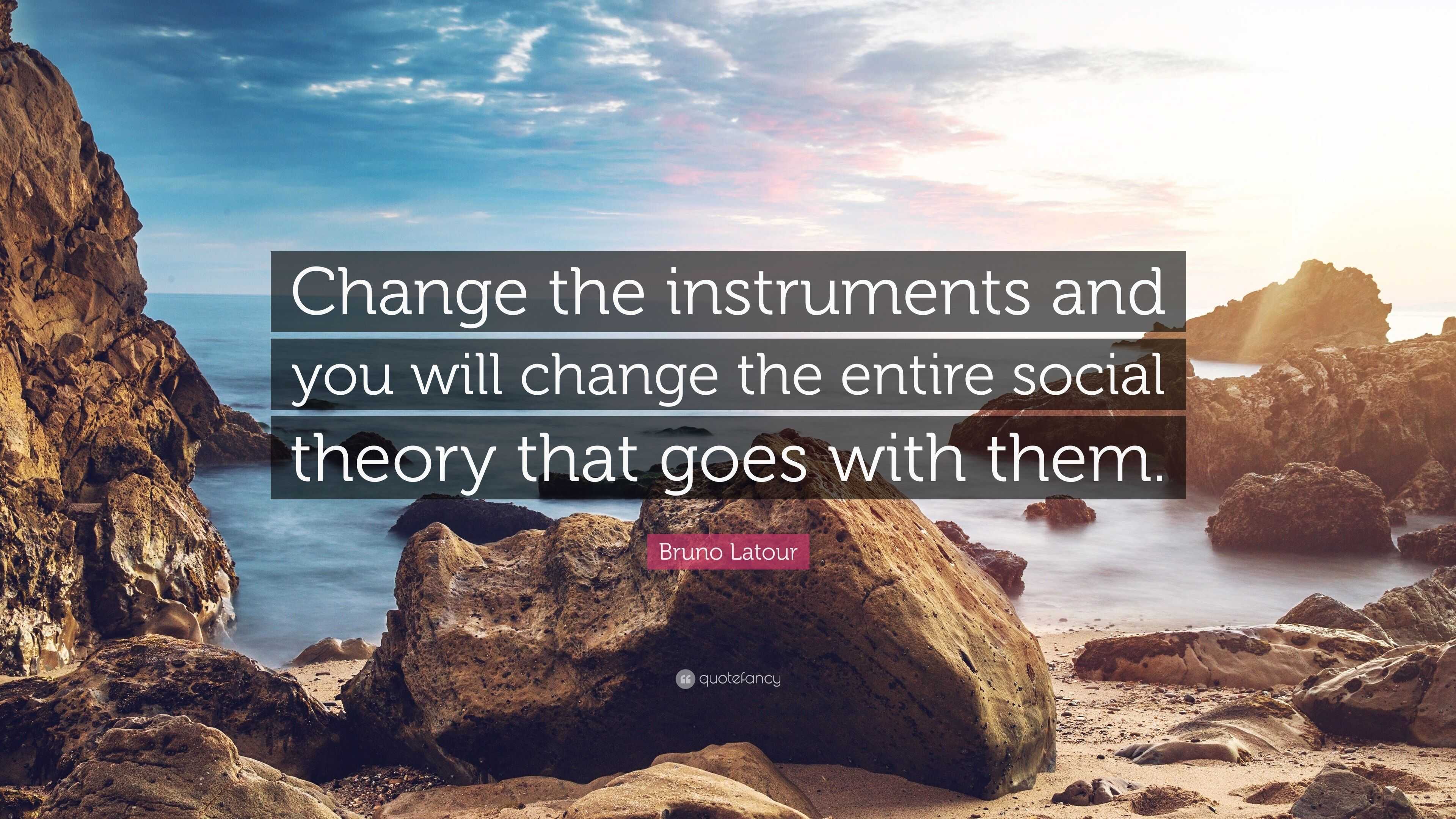 A quote by Bruno Latour emphasizing that changing instruments alters social theory, illustrated with abstract geometric shapes.