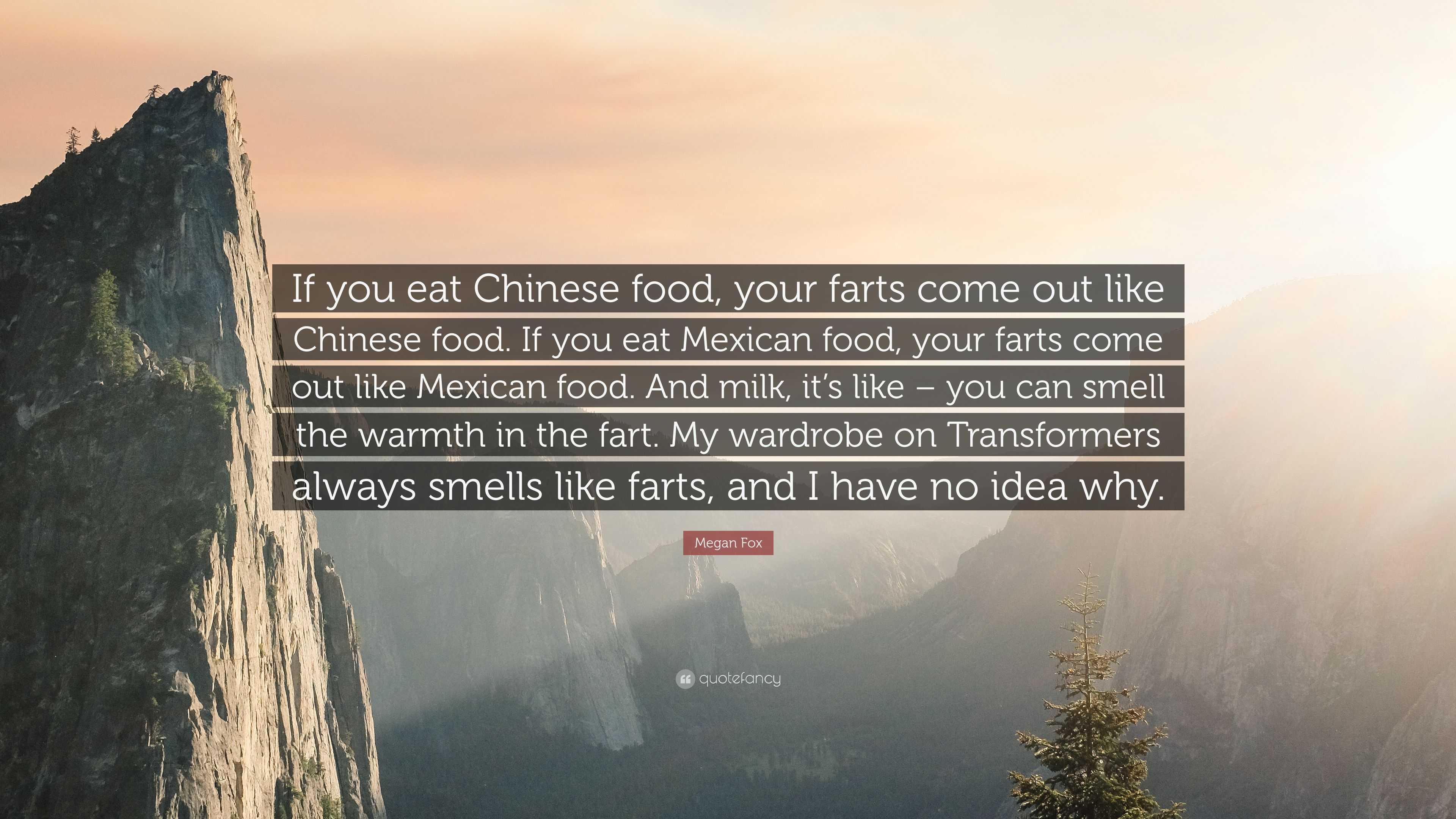 Megan Fox Quote: “If you eat Chinese food, your farts come out like Chinese  food. If you eat Mexican food, your farts come out like Mexica...”