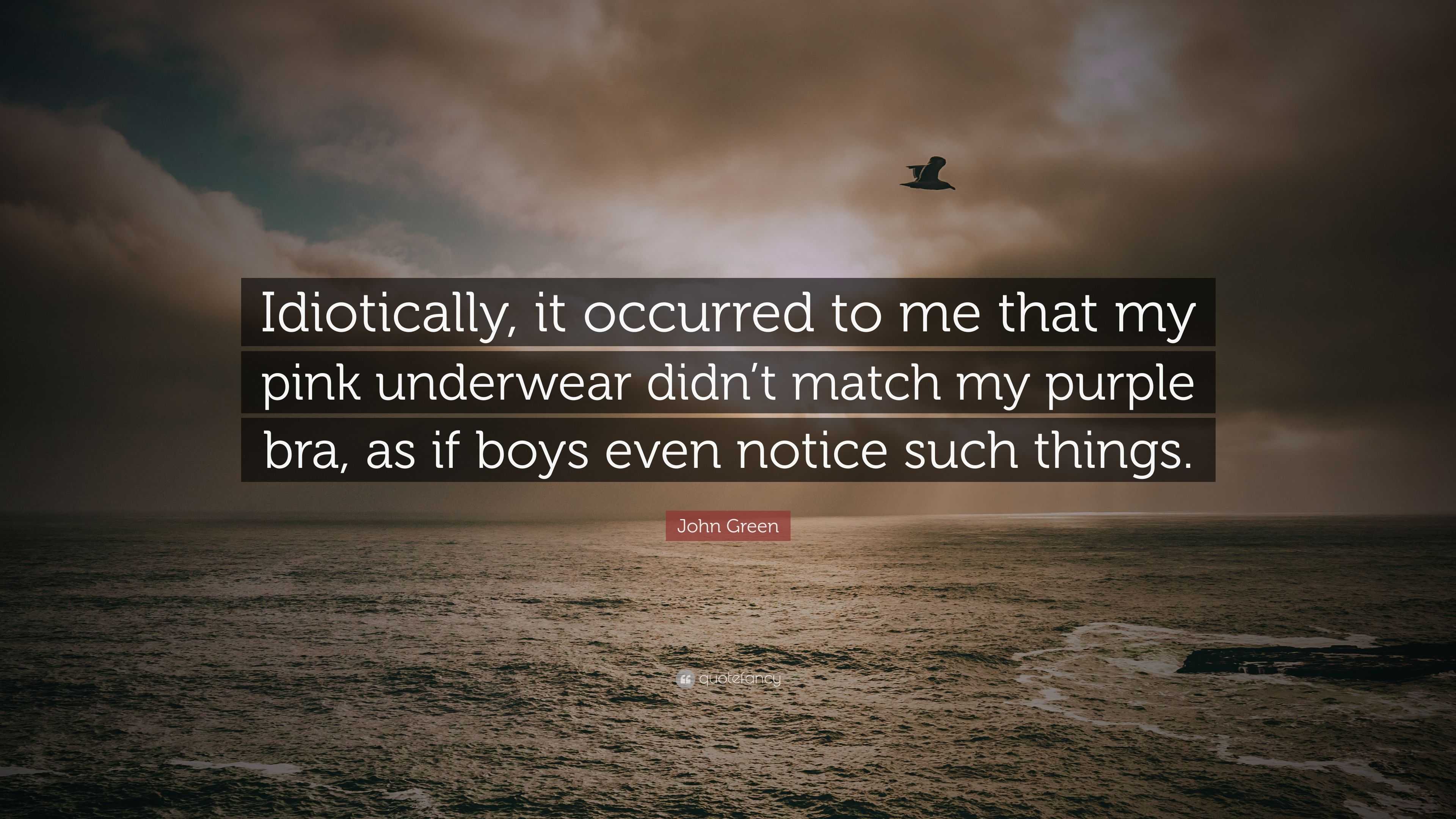 John Green Quote: “Idiotically, it occurred to me that my pink underwear  didn't match my