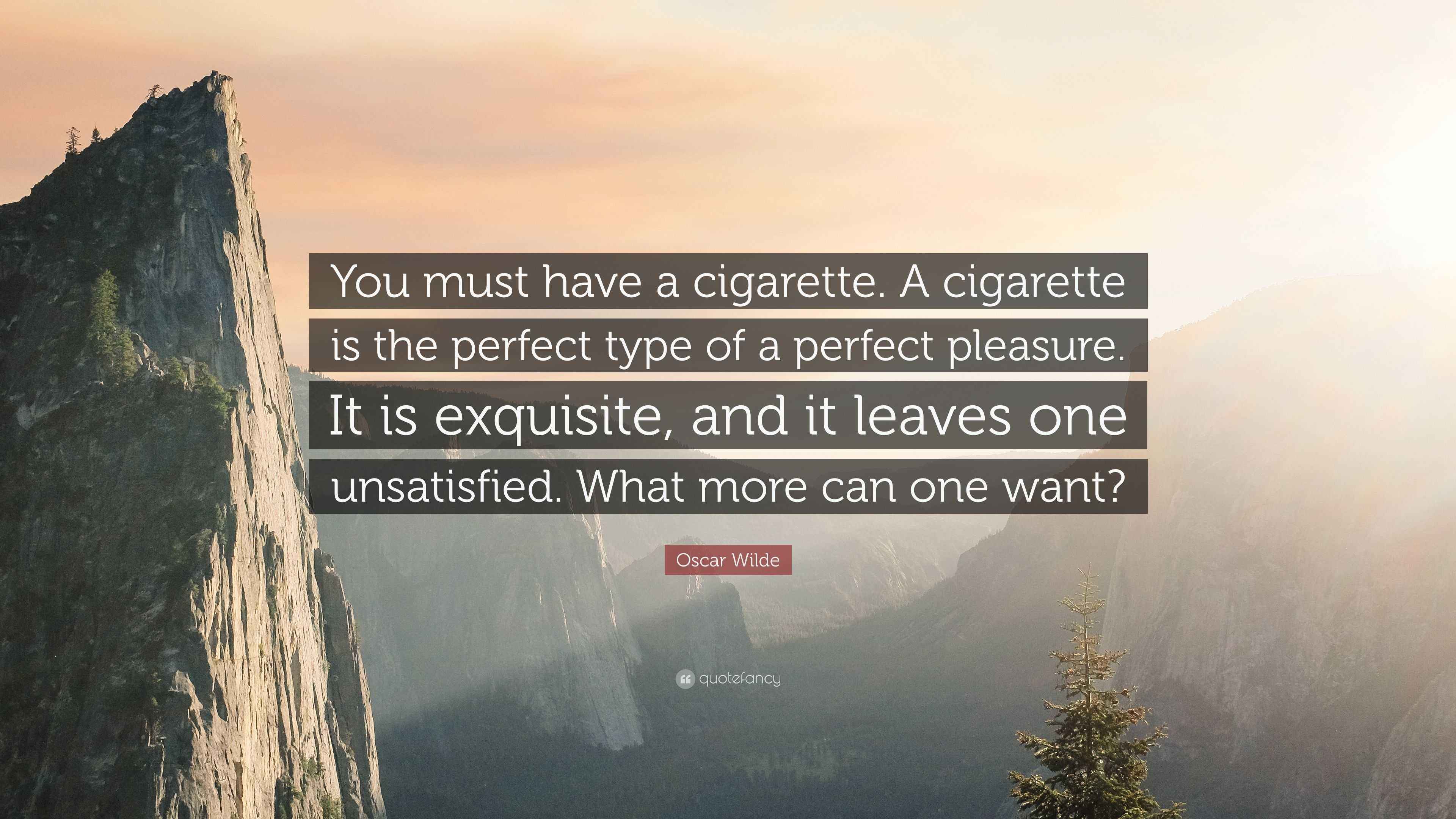 a cigarette is the perfect type of a perfect pleasure Oscar Wilde Quote: “You must have a cigarette. A cigarette is the perfect  type of a perfect pleasure. It is exquisite, and it leaves one...”
