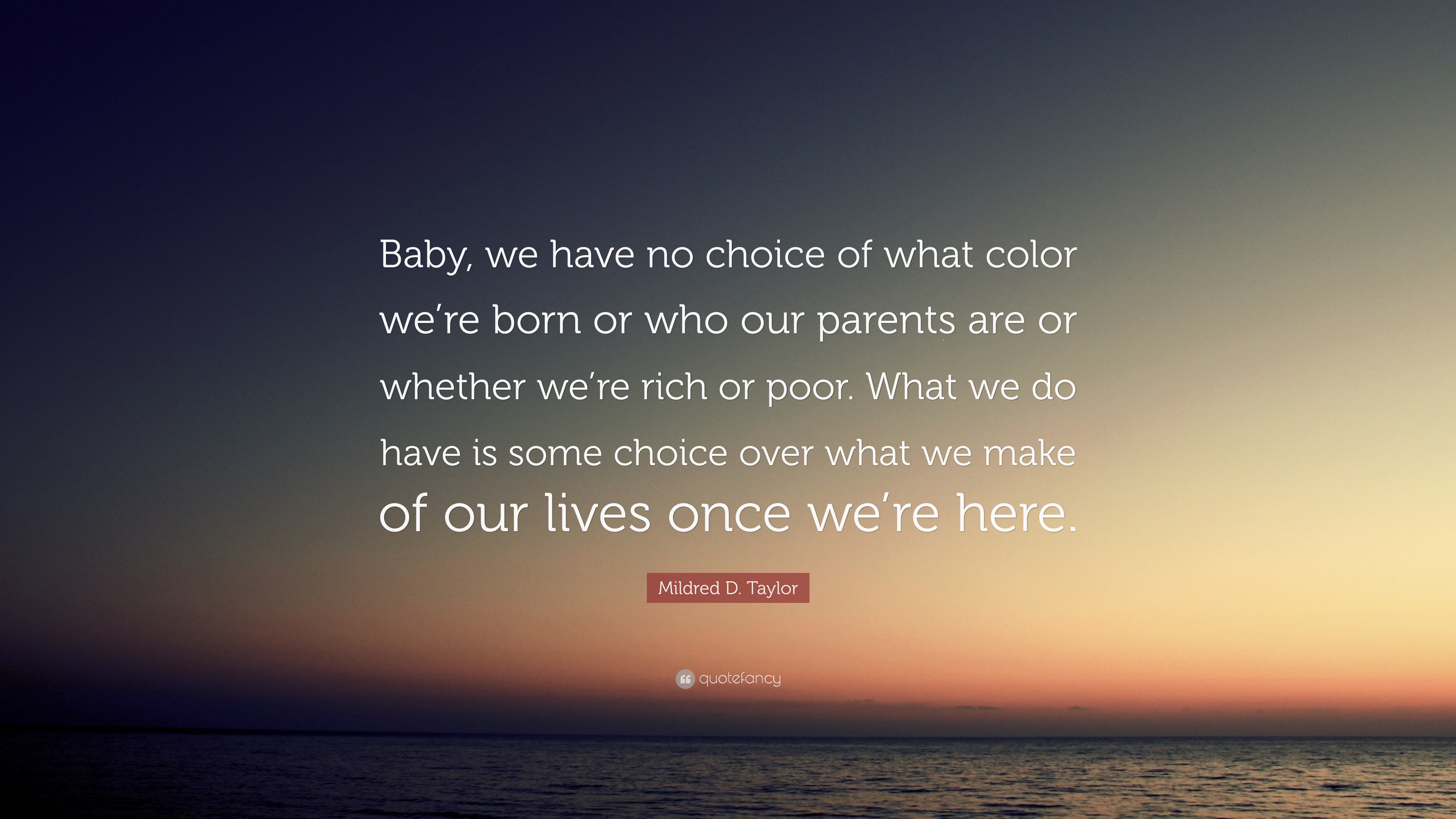 Mildred D. Taylor Quote: “Baby, we have no choice of what color we’re