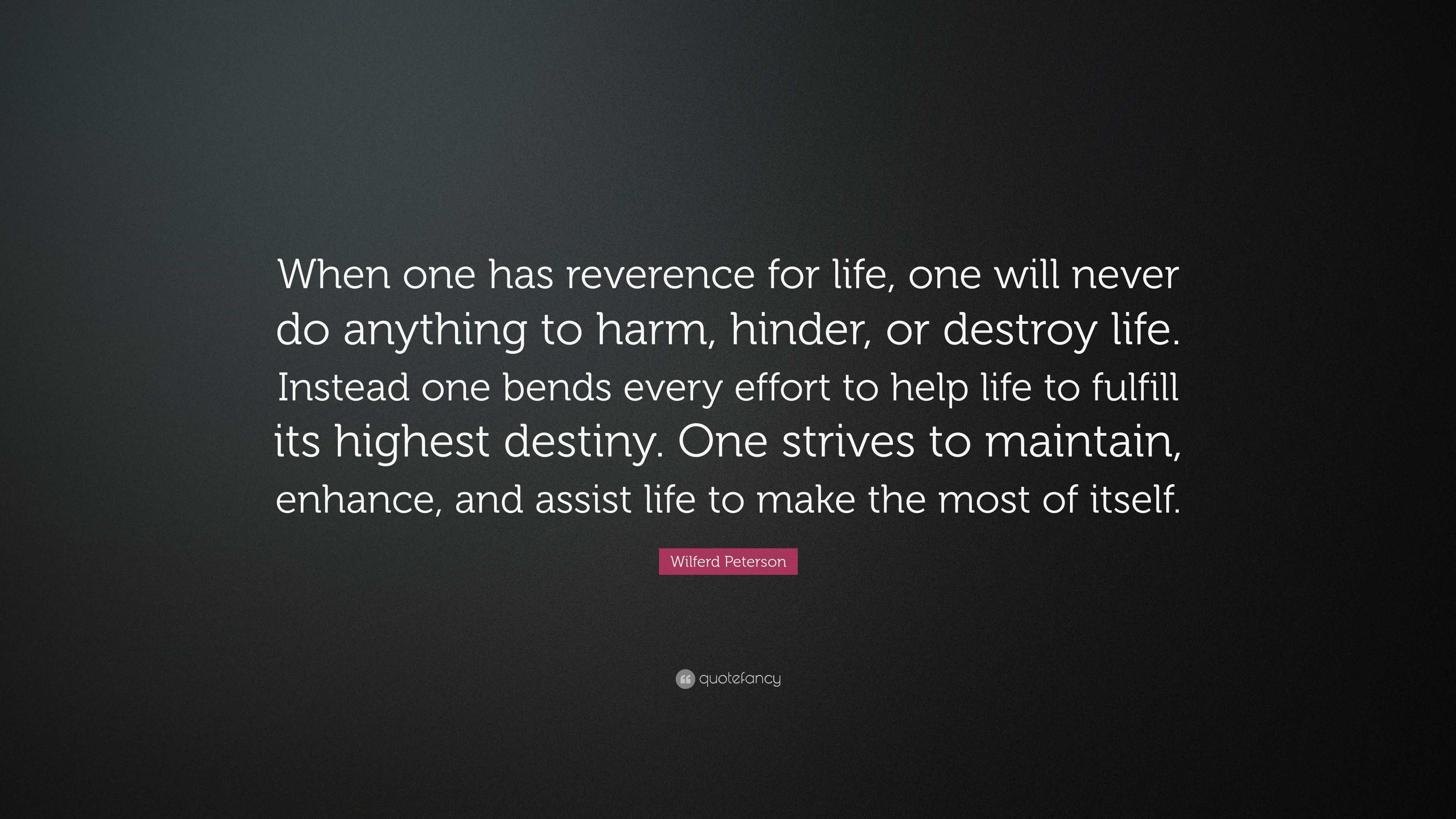 Wilferd Peterson Quote: “When one has reverence for life, one will ...