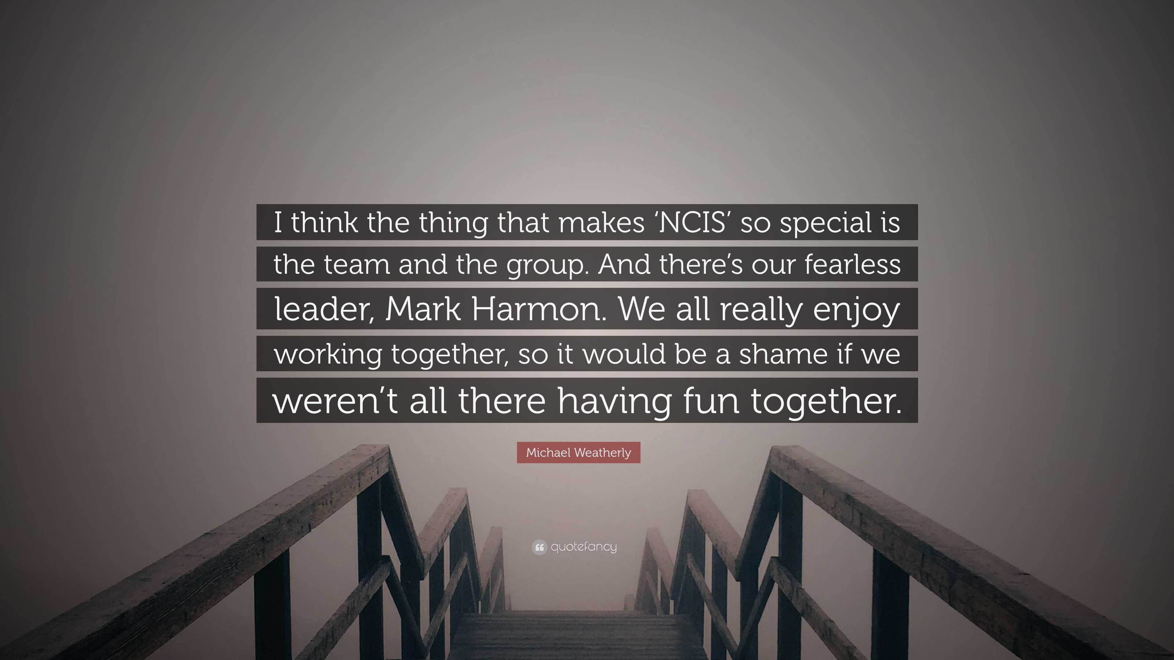 Michael Weatherly Quote: “I think the thing that makes 'NCIS' so special is  the team and the group. And there's our fearless leader, Mark Harmon. ”