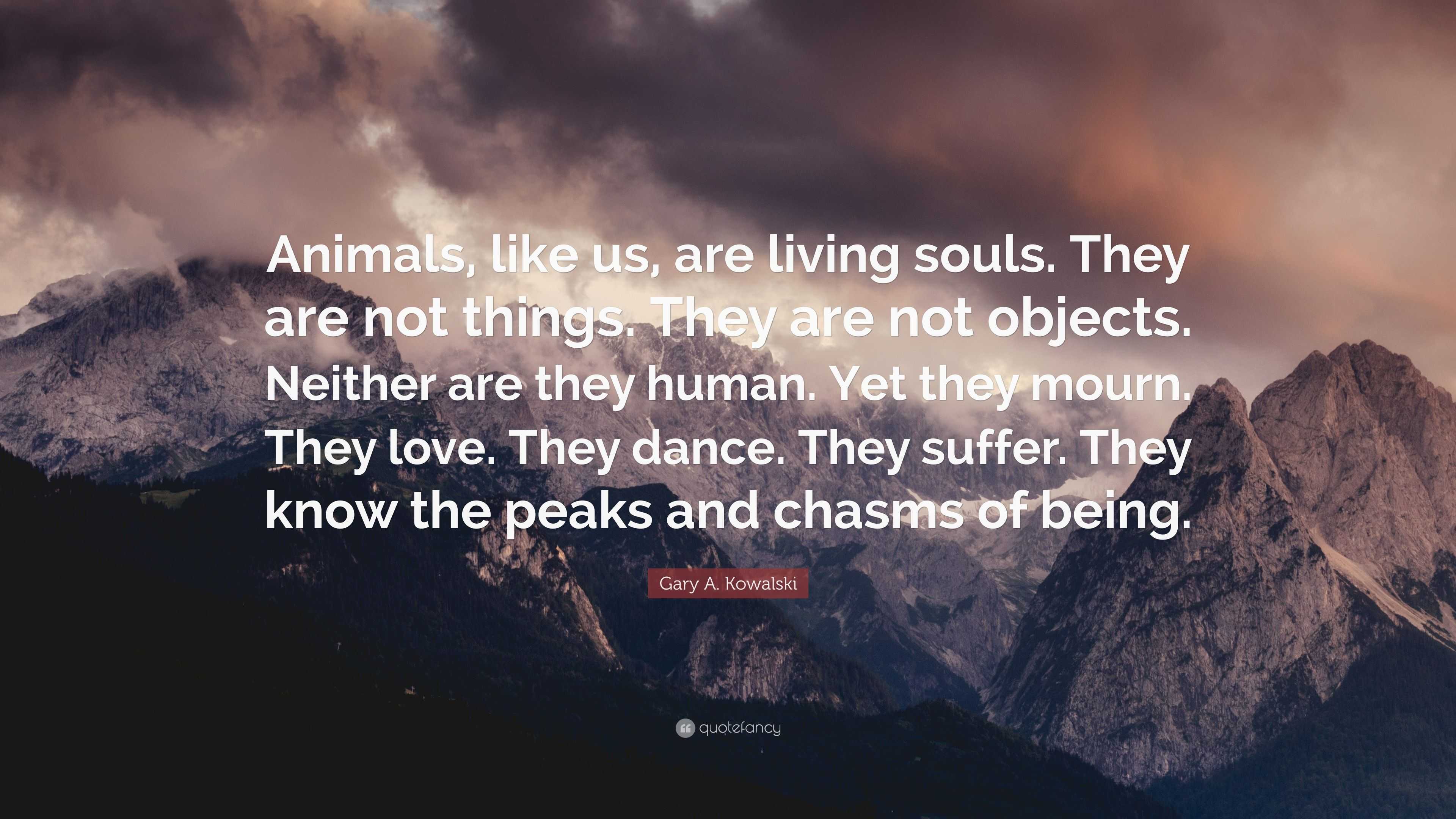 Gary A. Kowalski Quote: “Animals, like us, are living souls. They are not  things. They are not objects. Neither are they human. Yet they mourn. T...”