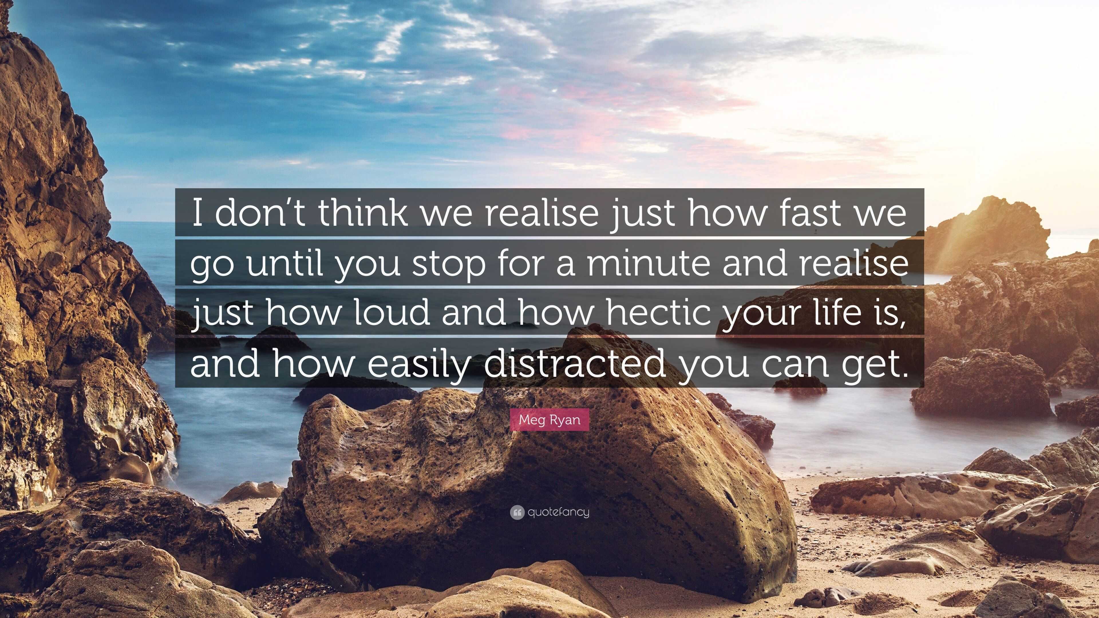 Meg Ryan Quote: “I don't think we realise just how fast we go until you  stop for a minute and realise just how loud and how hectic your l...”