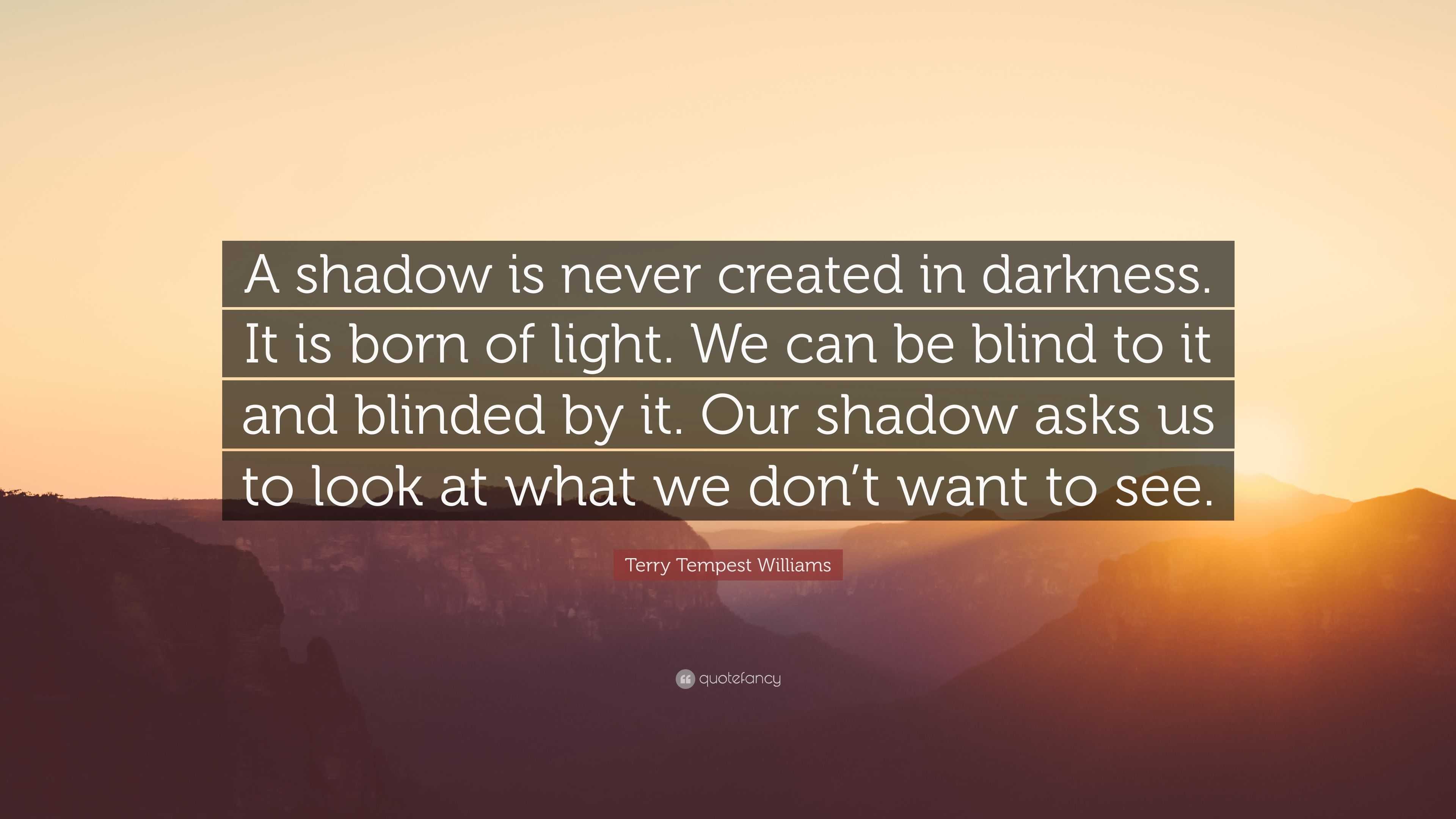 Terry Tempest Williams Quote: “A shadow is created in darkness. It is born of light. We can be blind to it and blinded by it. Our shadow asks us