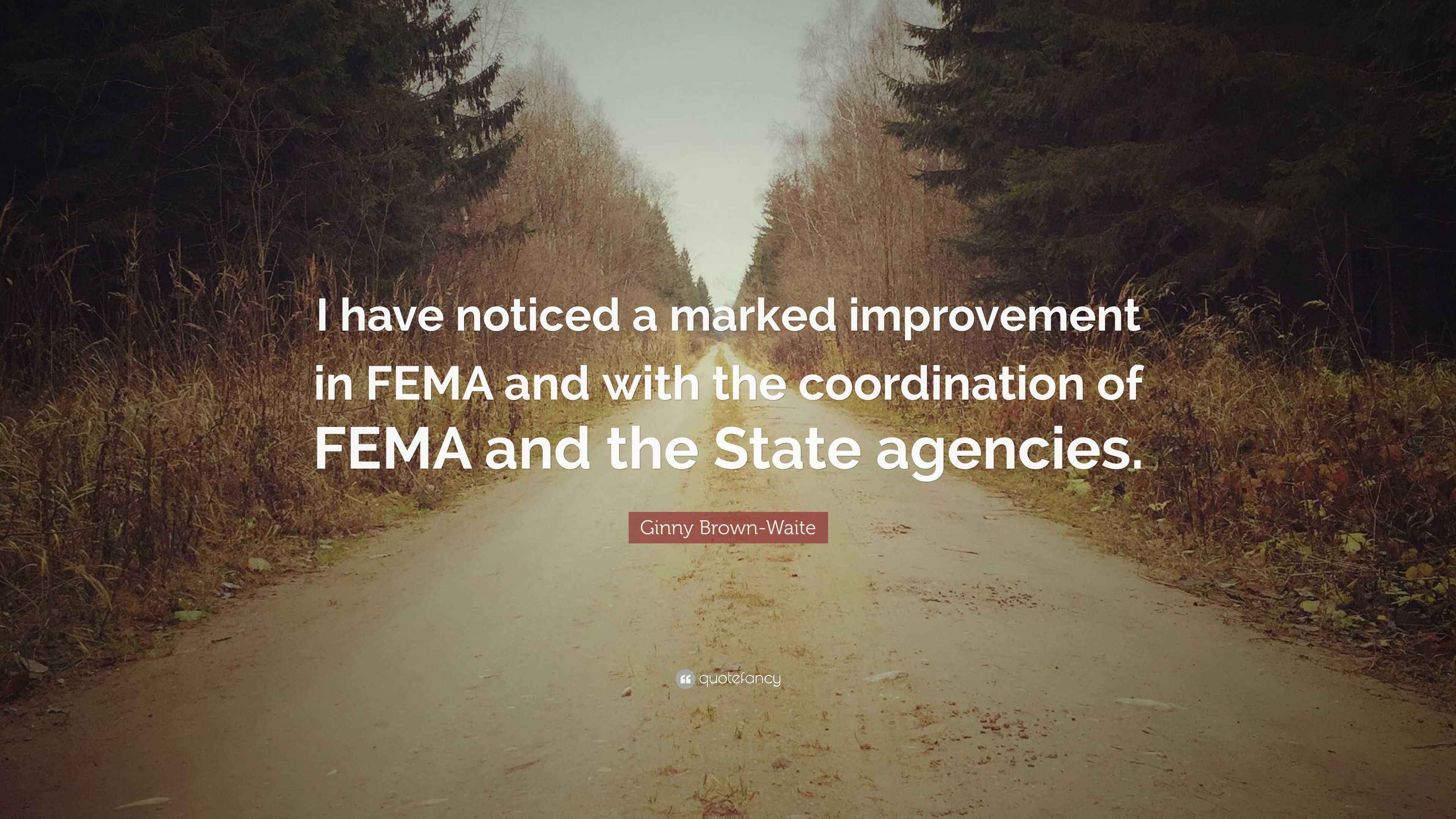 Ginny Brown-Waite Quote: “I have noticed a marked improvement in FEMA ...
