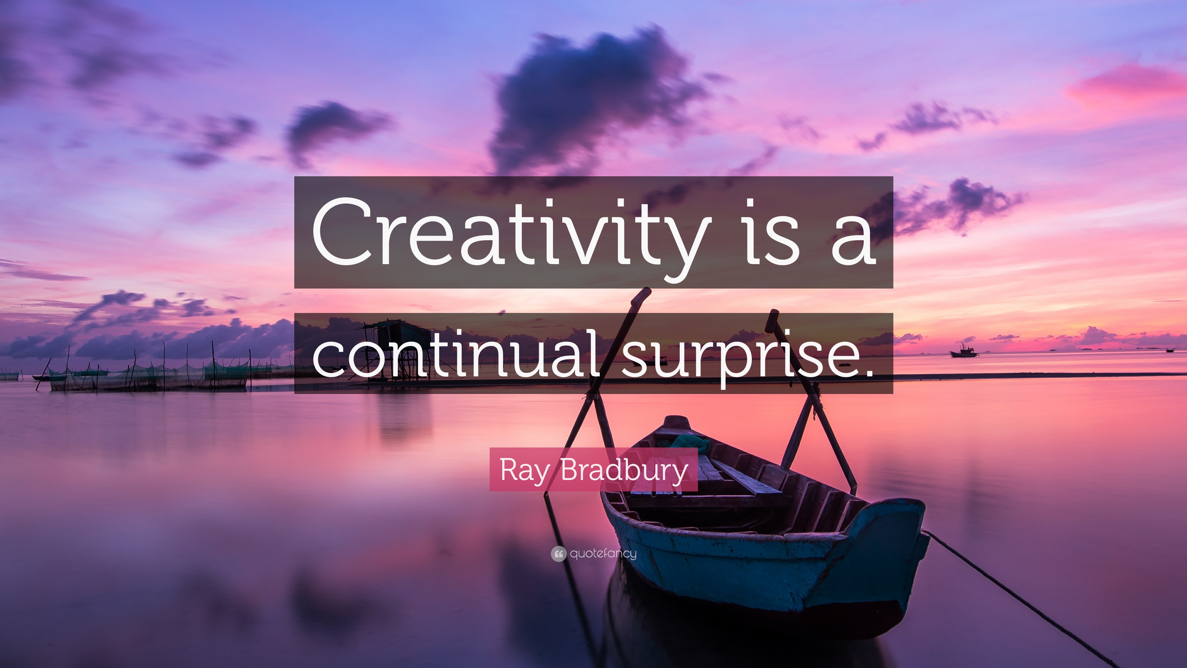 Wallpaper with Ray Bradbury's quote highlighting creativity as a continual surprise