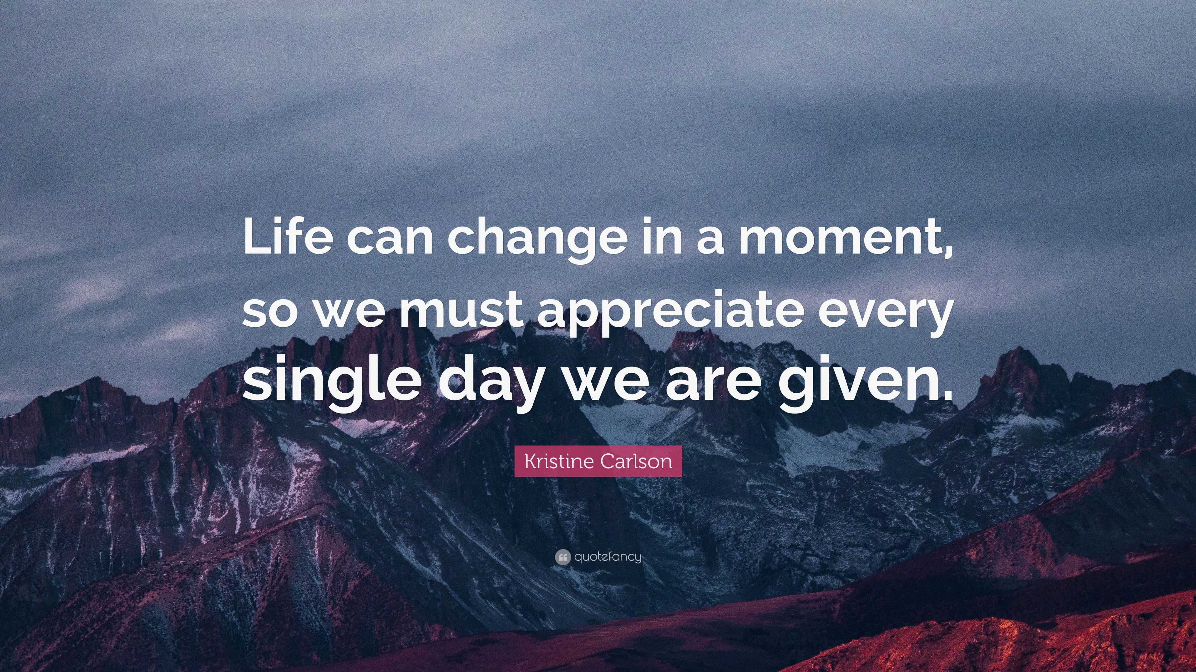 Kristine Carlson Quote: “Life can change in a moment, so we must ...