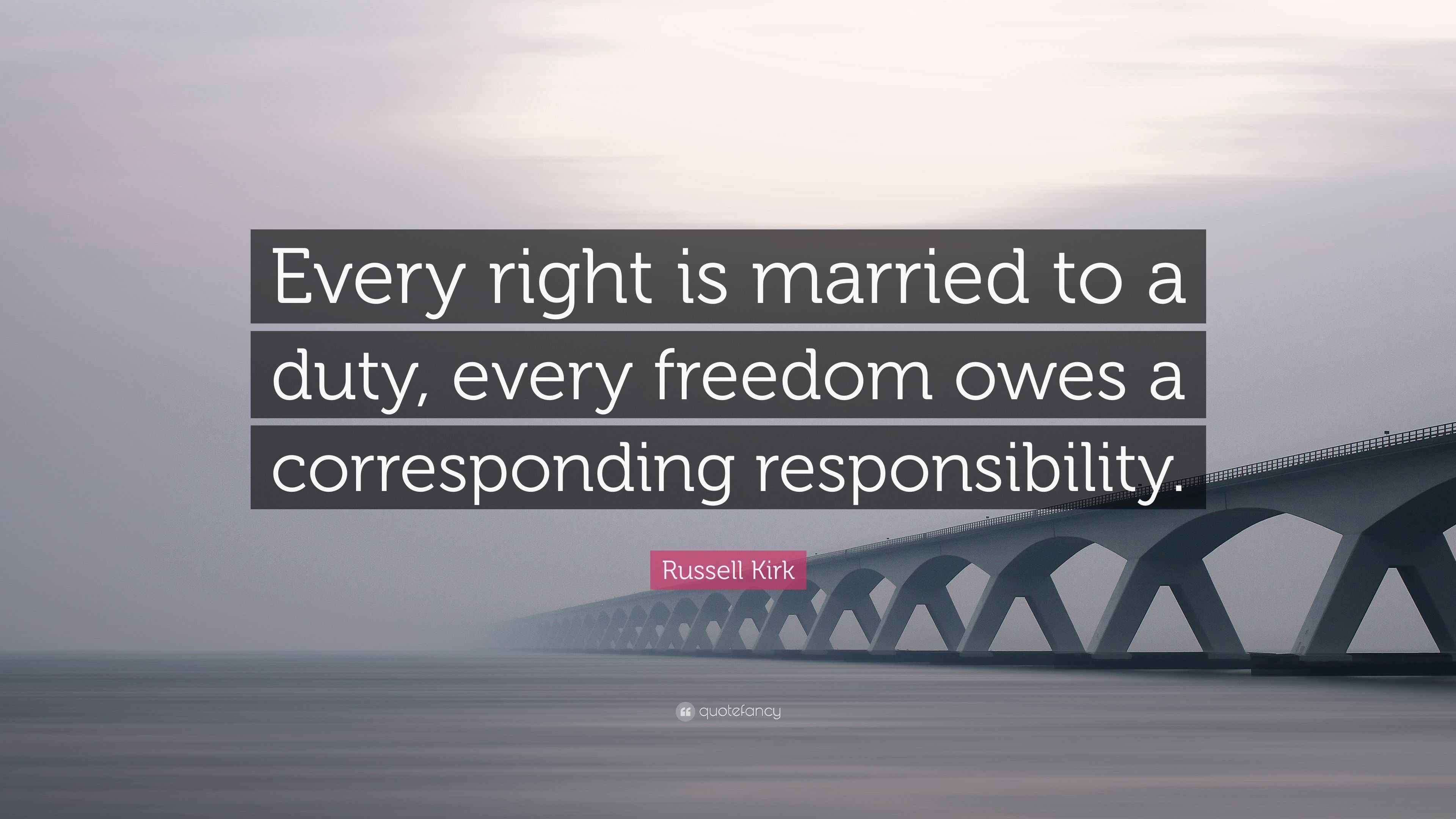 Russell Kirk Quote “Every right is married to a duty, every freedom