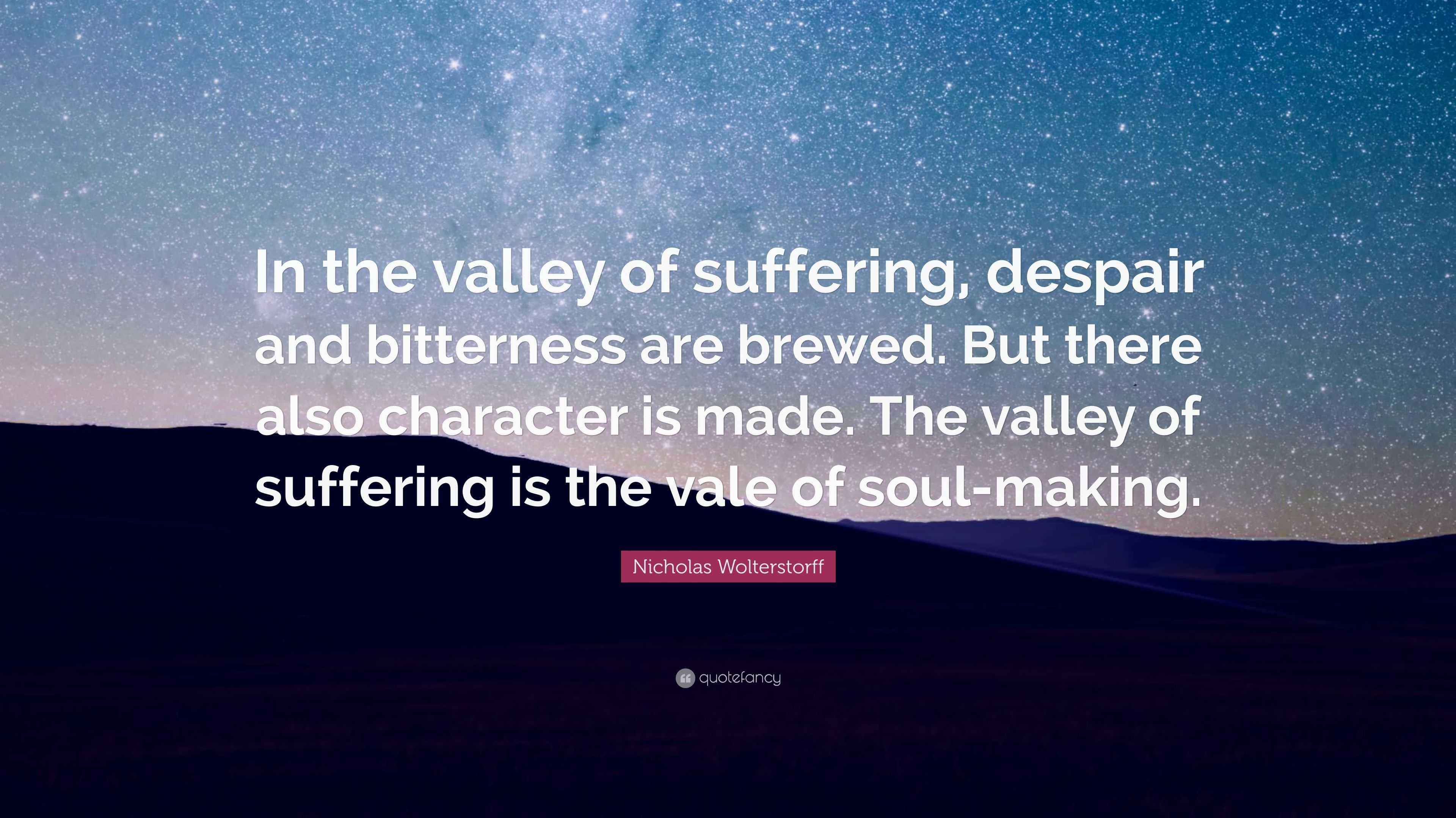 A serene landscape with a quote overlay about finding hope in suffering
