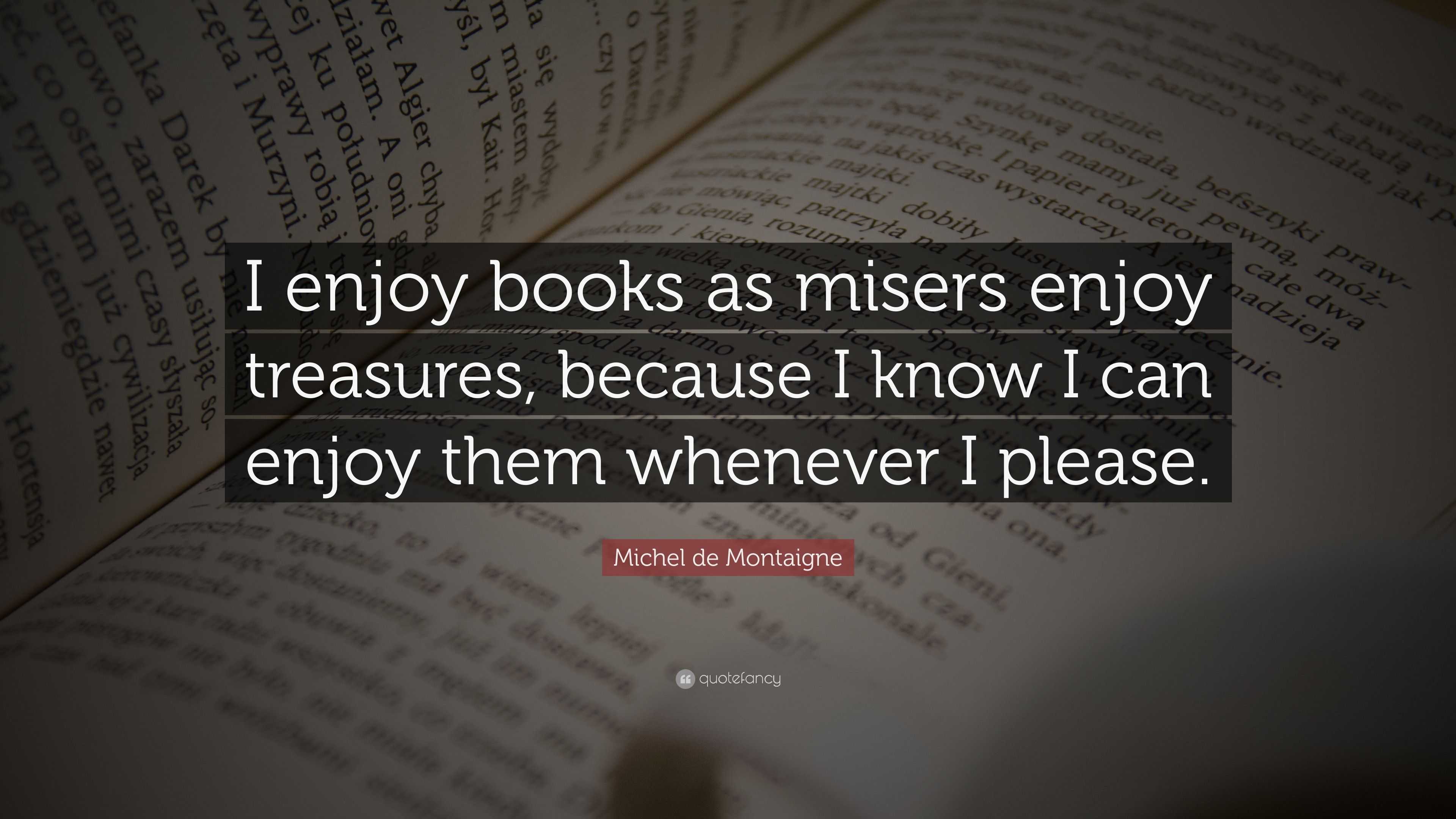 Michel de Montaigne Quote: “I enjoy books as misers enjoy treasures,  because I know I can