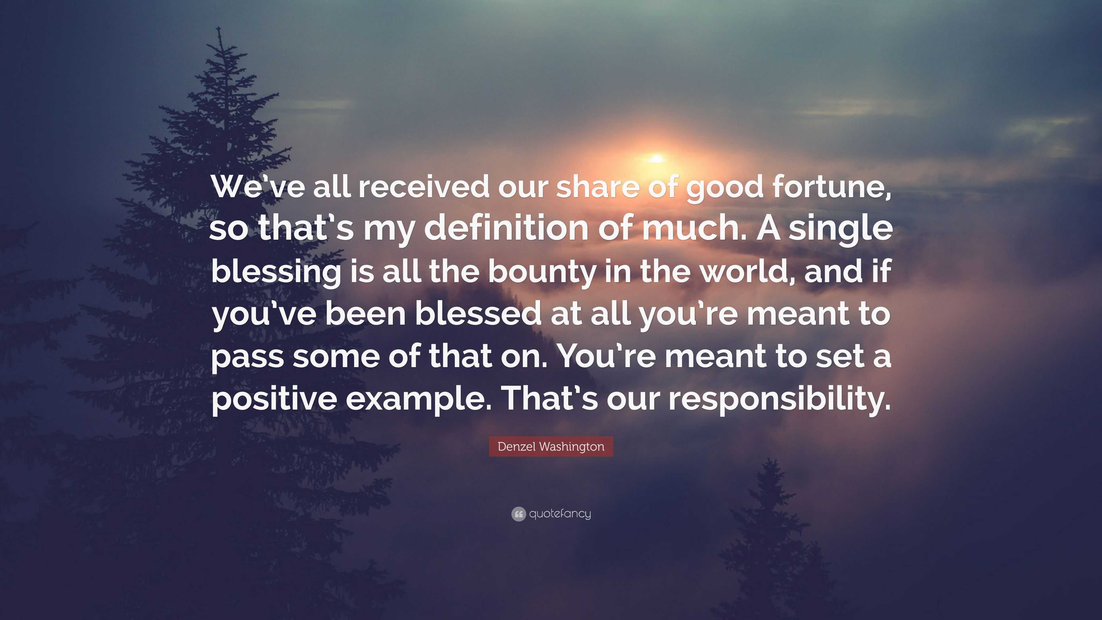 Denzel Washington Quote: “Weve all received our share of good fortune, so  thats my definition of much. A single blessing is all the bounty in th...”