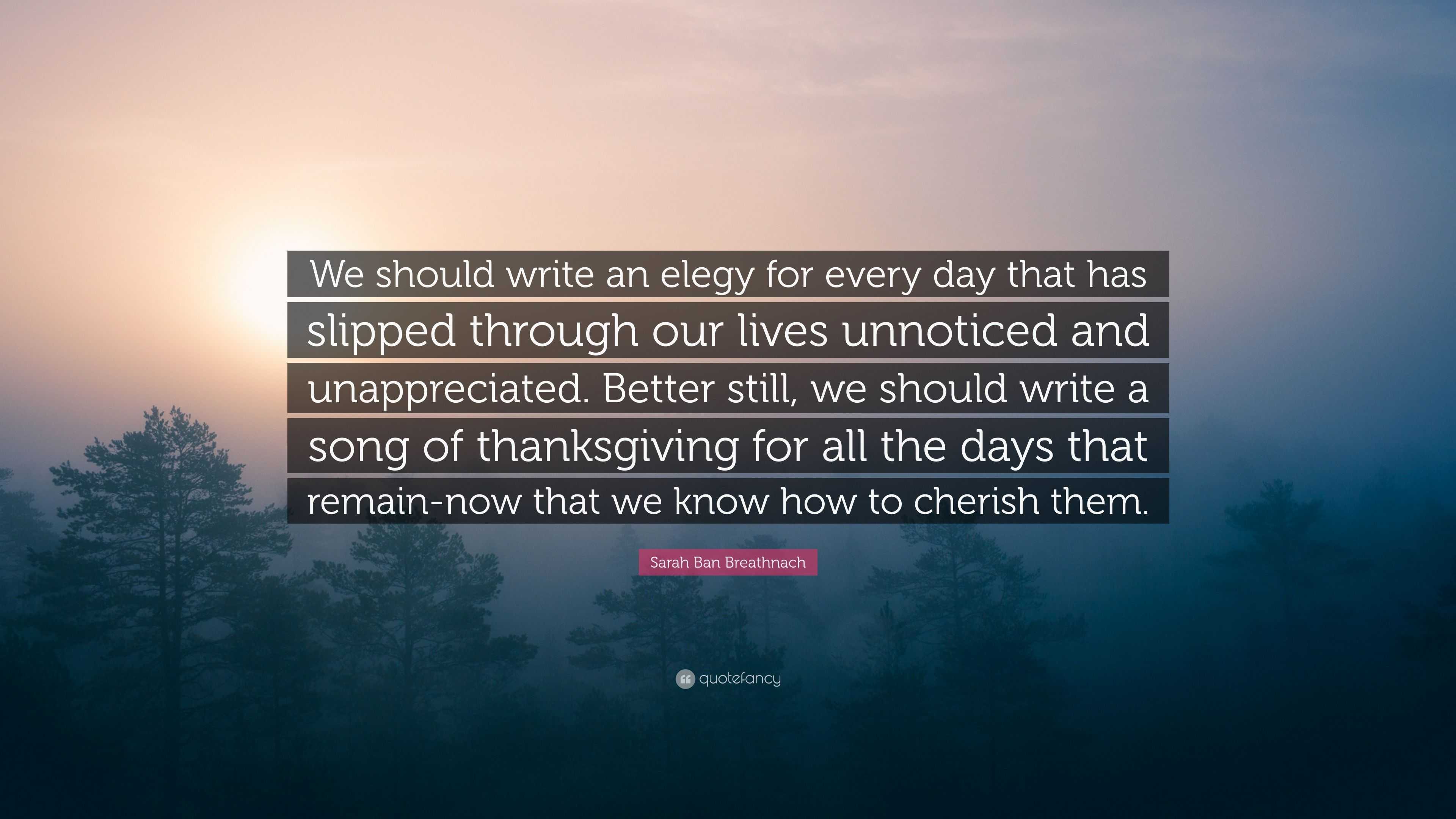 Sarah Ban Breathnach Quote: “We should write an elegy for every