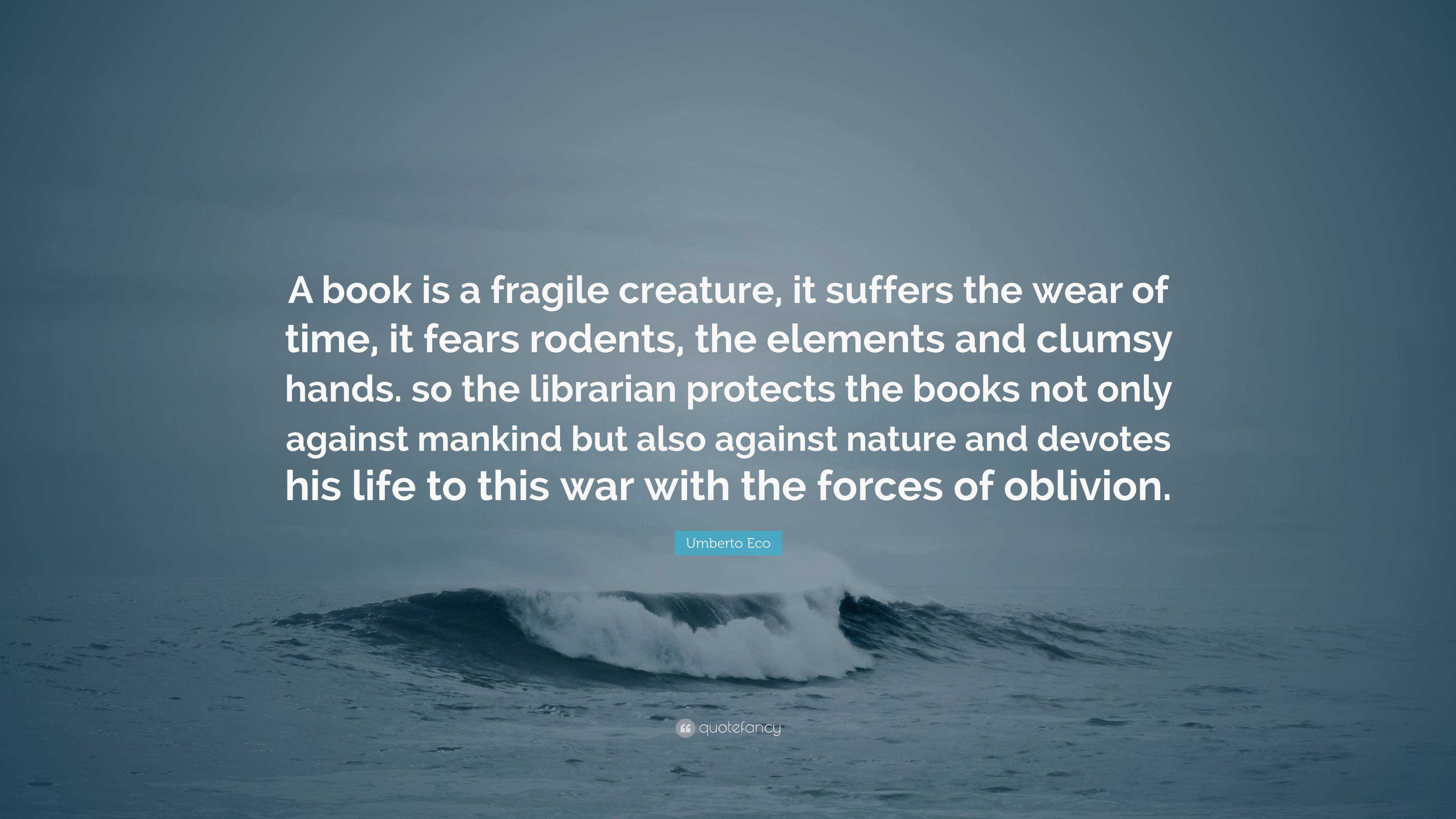 Umberto Eco Quote: “A book is a fragile creature, it suffers the wear of  time, it fears rodents, the elements and clumsy hands. so the libra”