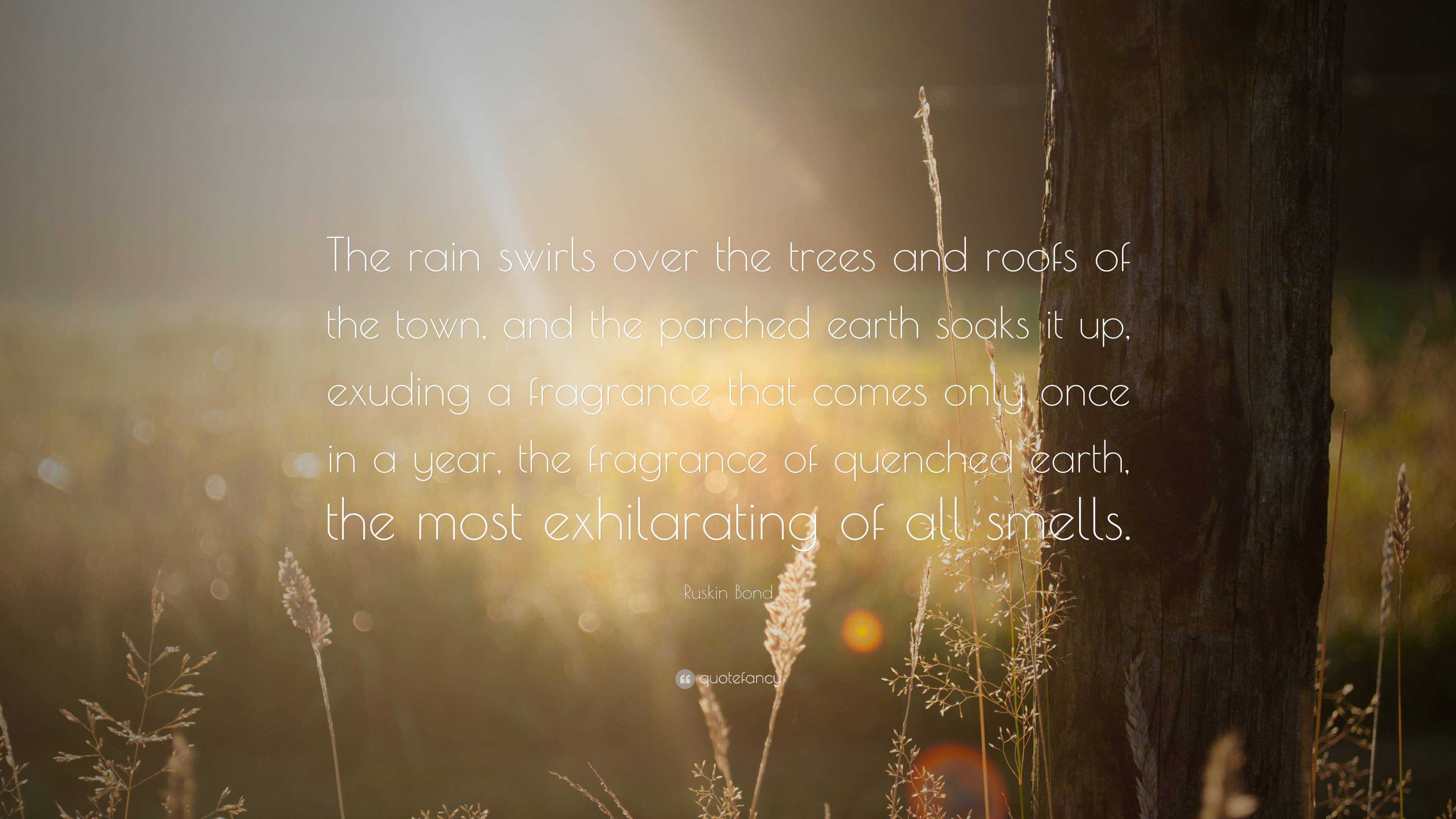 Ruskin Bond Quote: “The rain swirls over the trees and roofs of the ...