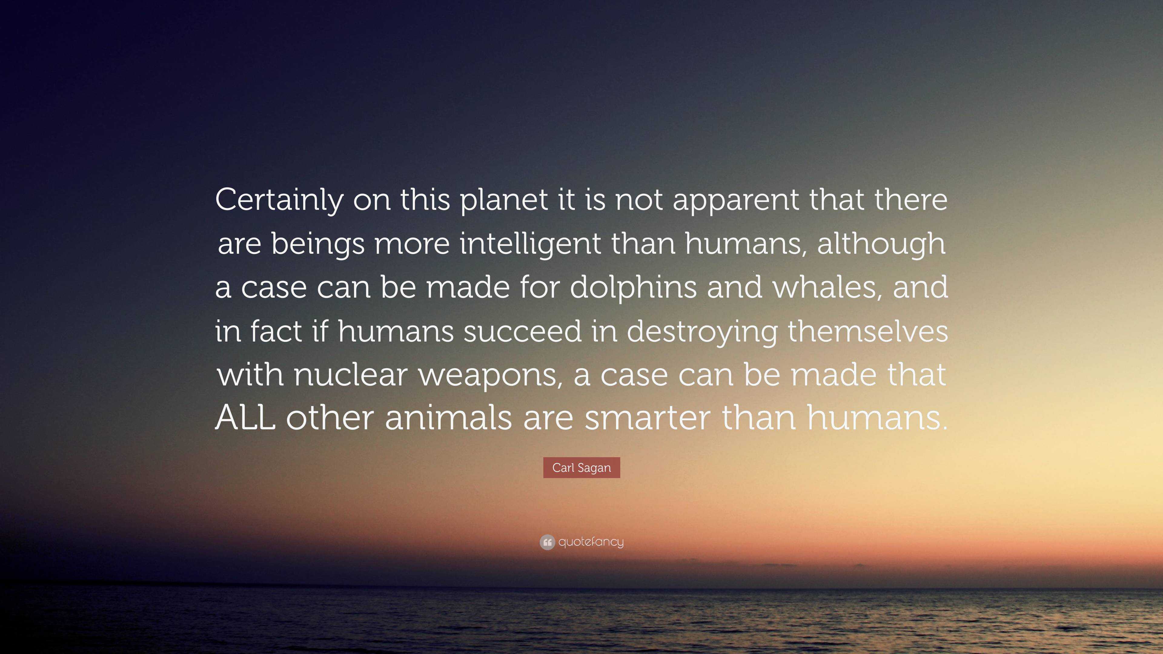 Carl Sagan Quote: “Certainly on this planet it is not apparent that there  are beings more intelligent than humans, although a case can be m...”
