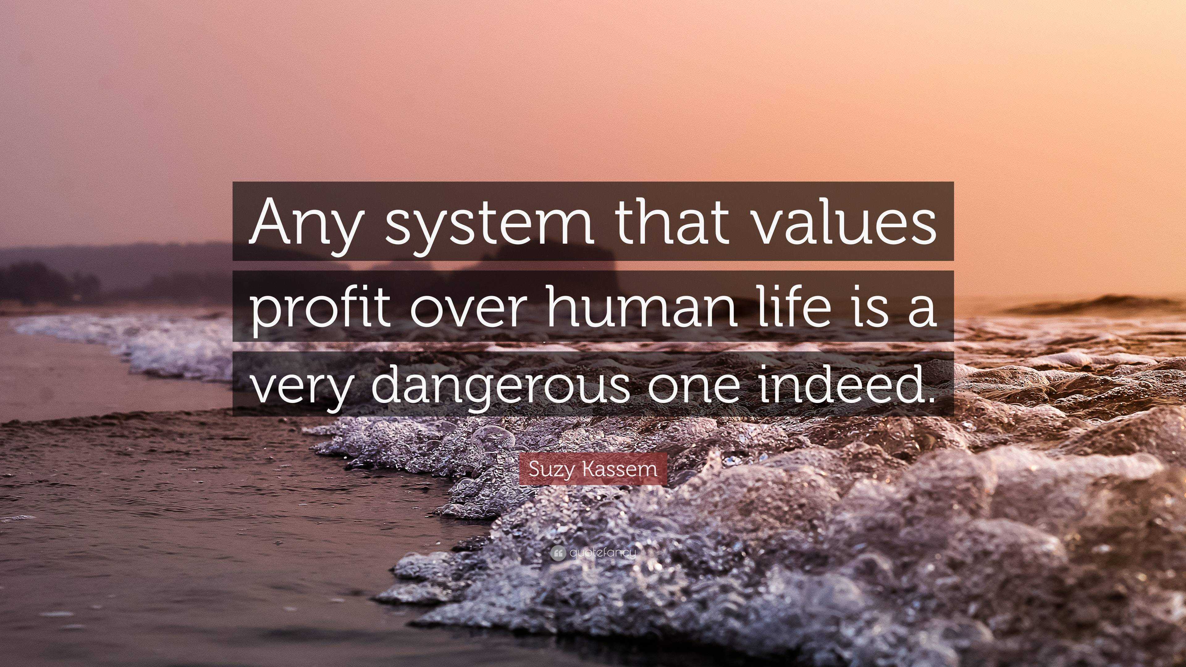 Suzy Kassem Quote: “Any system that values profit over human life is a ...