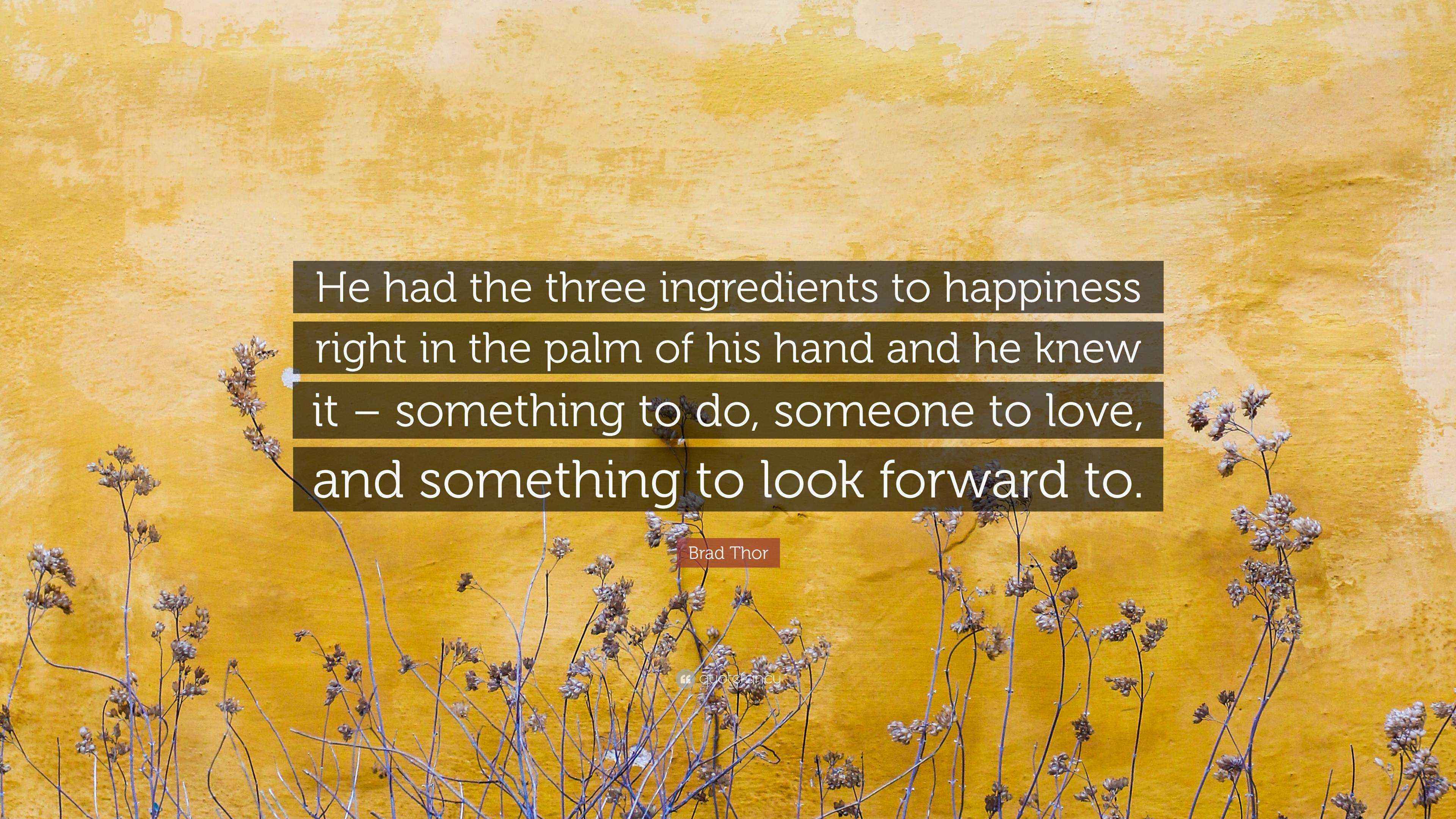 Brad Thor Quote: “He had the three ingredients to happiness right in