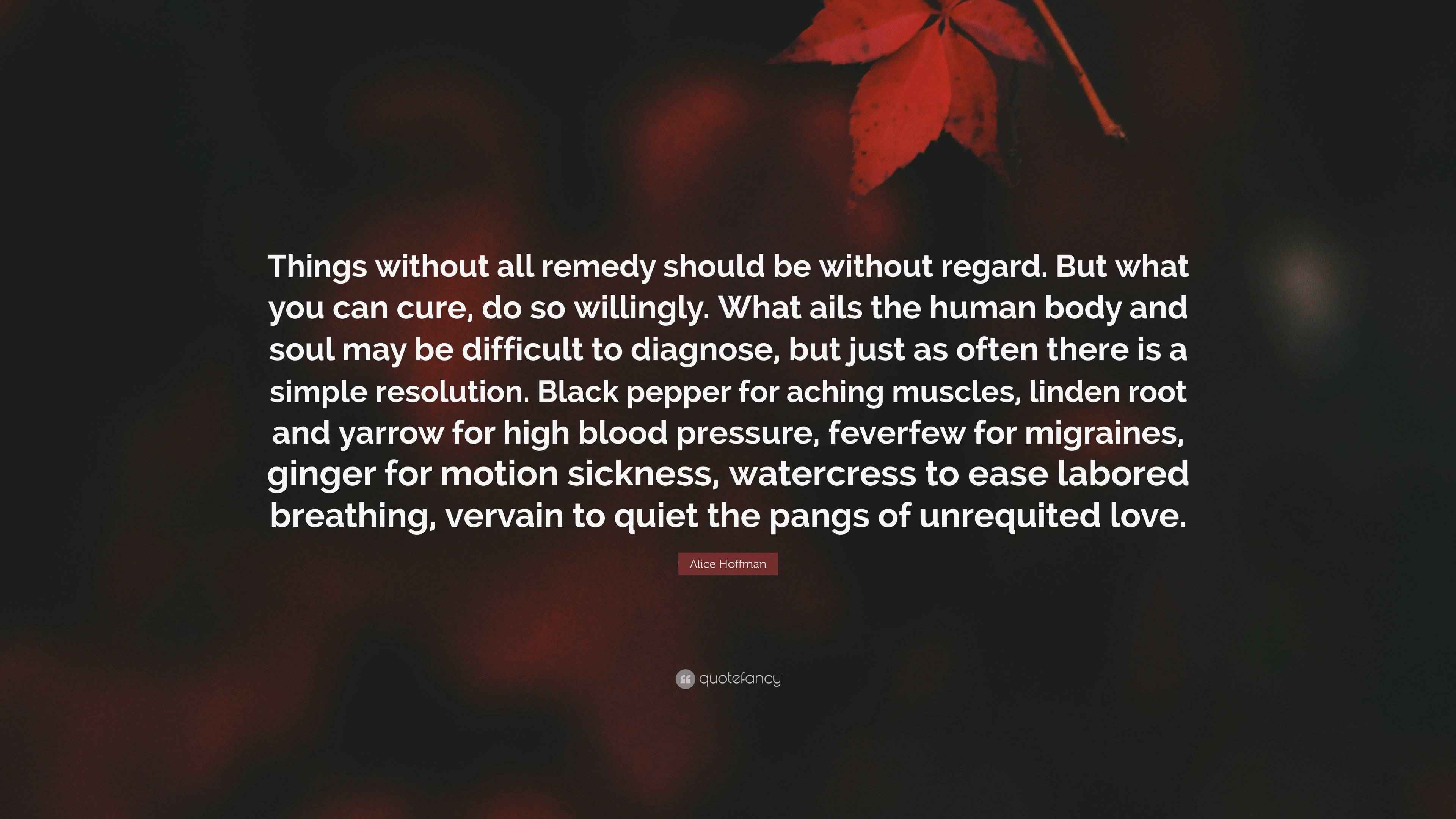 Alice Hoffman Quote: “Things without all remedy should be without regard.  But what you can cure, do so willingly. What ails the human body...”, image size:3840x2160