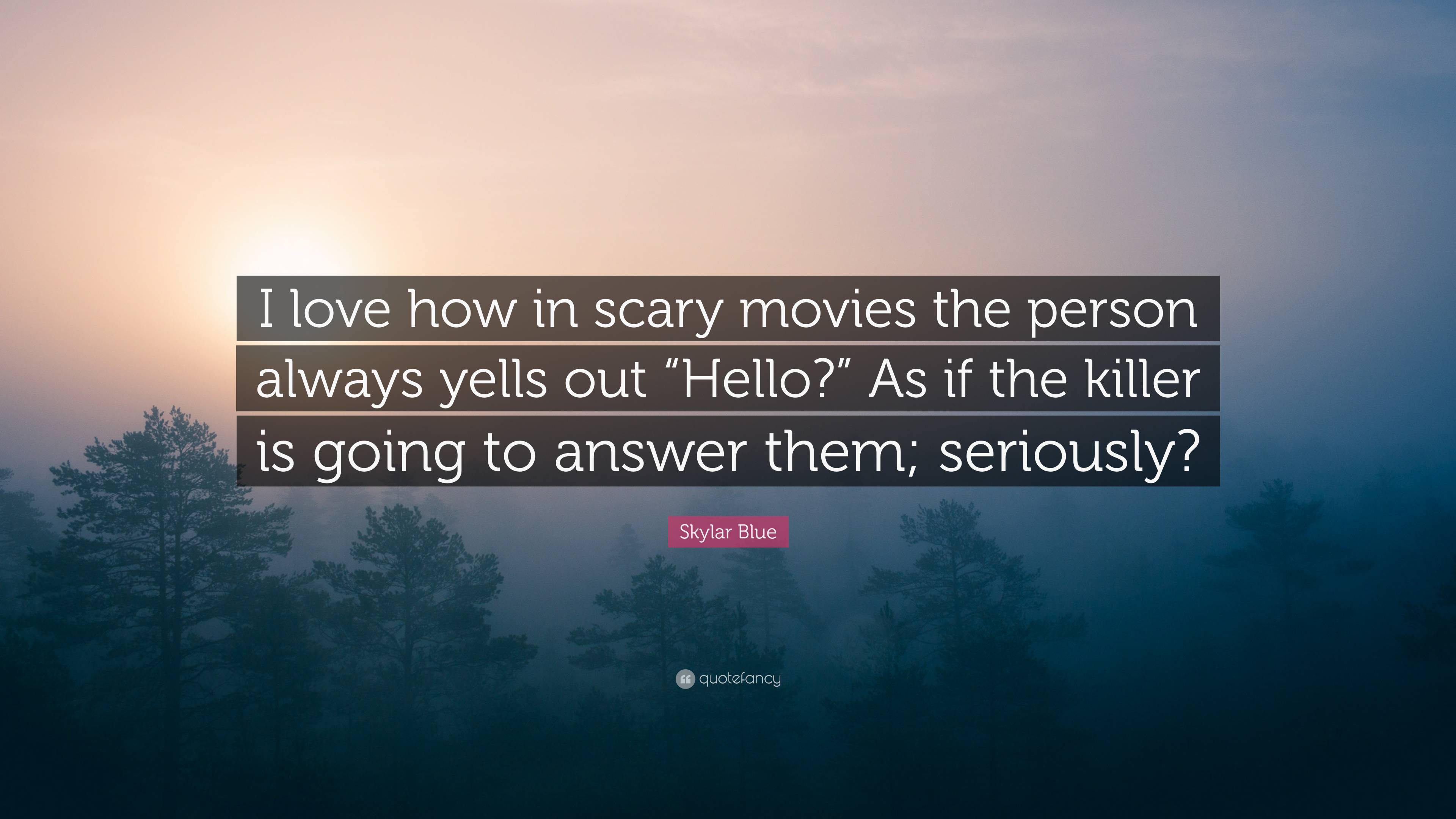 Skylar Blue Quote: “I love how in scary movies the person always yells out  “Hello?” As