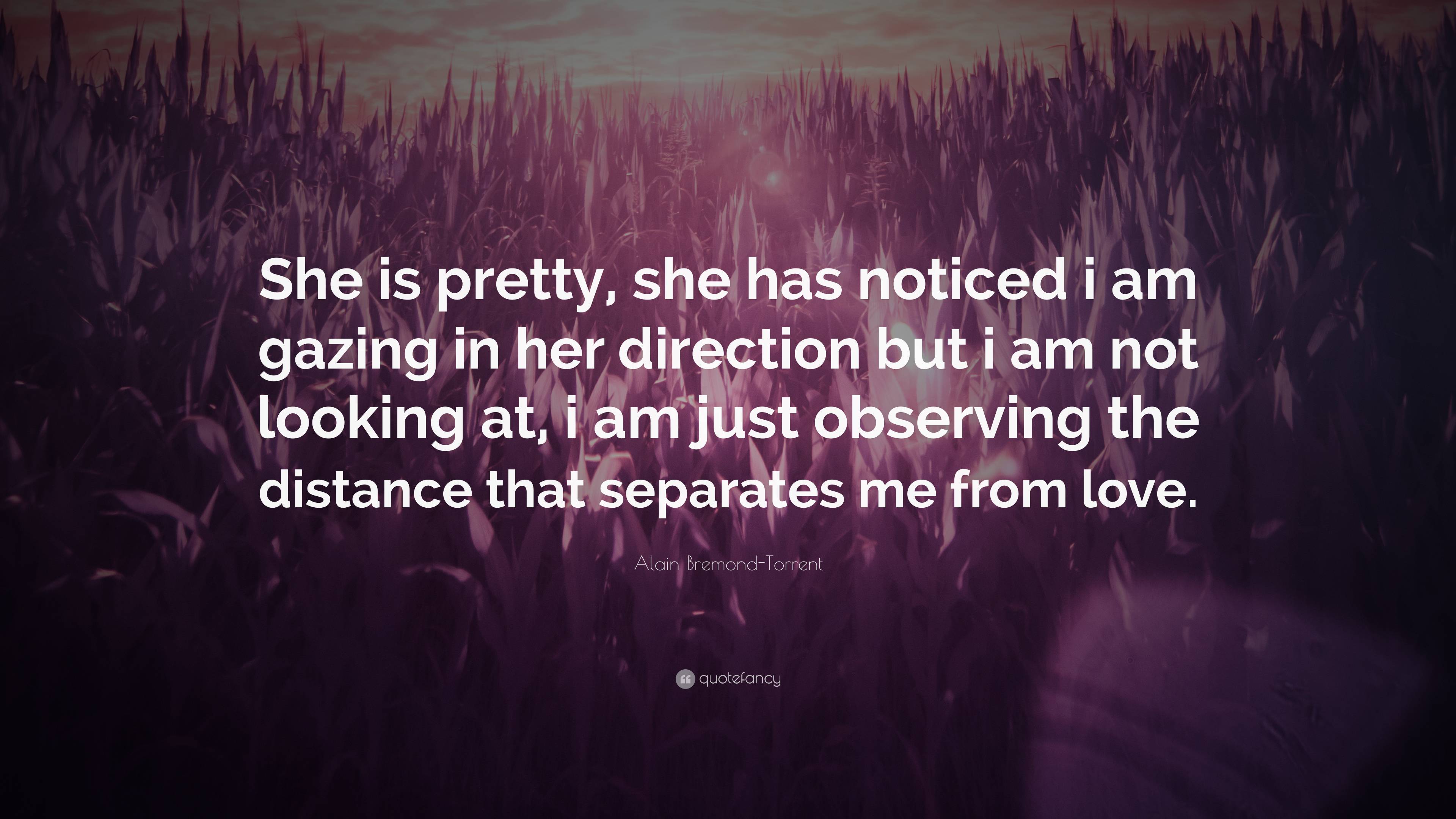 Alain Bremond-Torrent Quote: “She is pretty, she has noticed i am gazing in  her direction but i am not looking at, i am just observing the distance  th...”