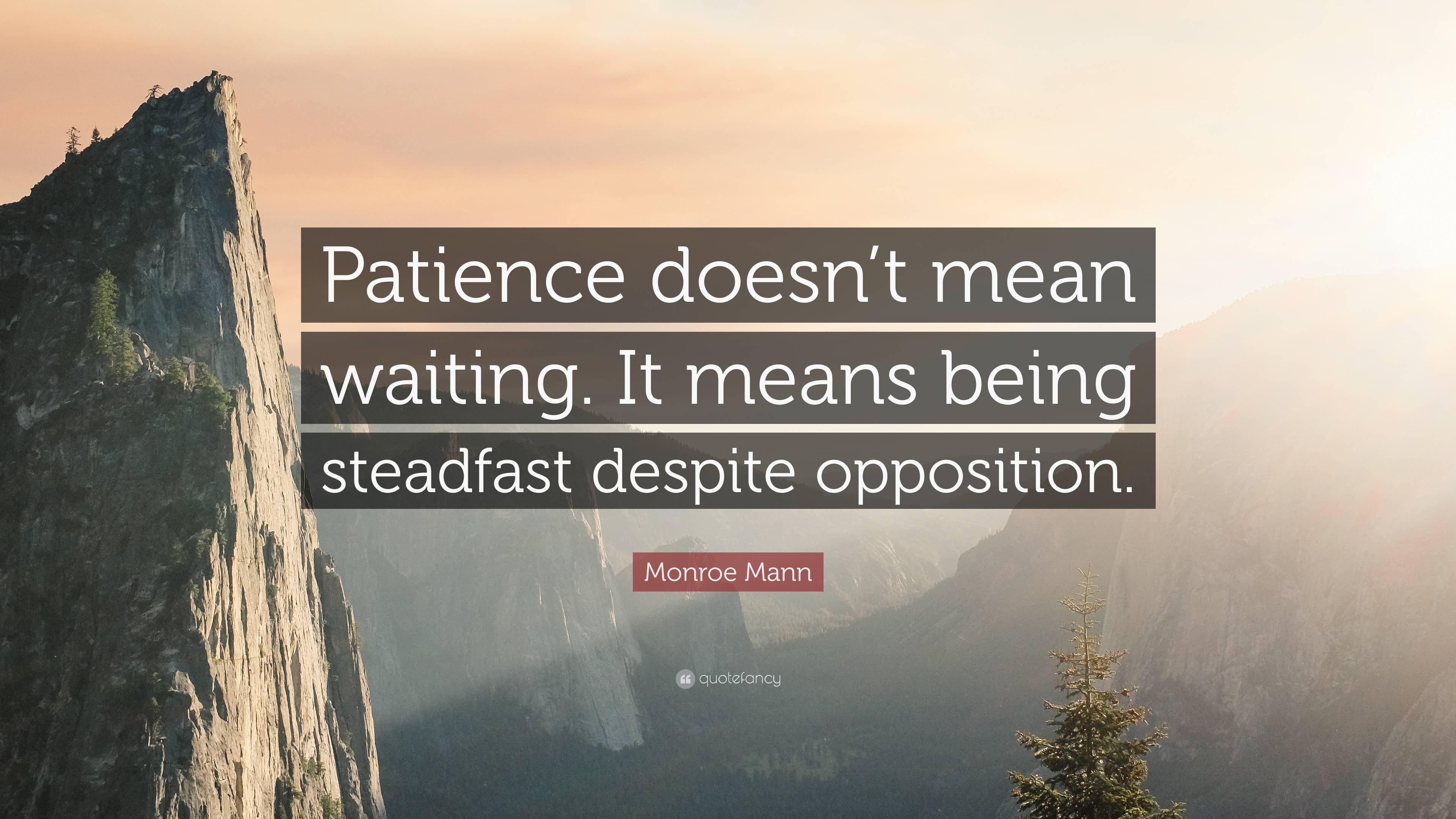 Monroe Mann Quote: “Patience doesn't mean waiting. It means being steadfast  despite opposition.”