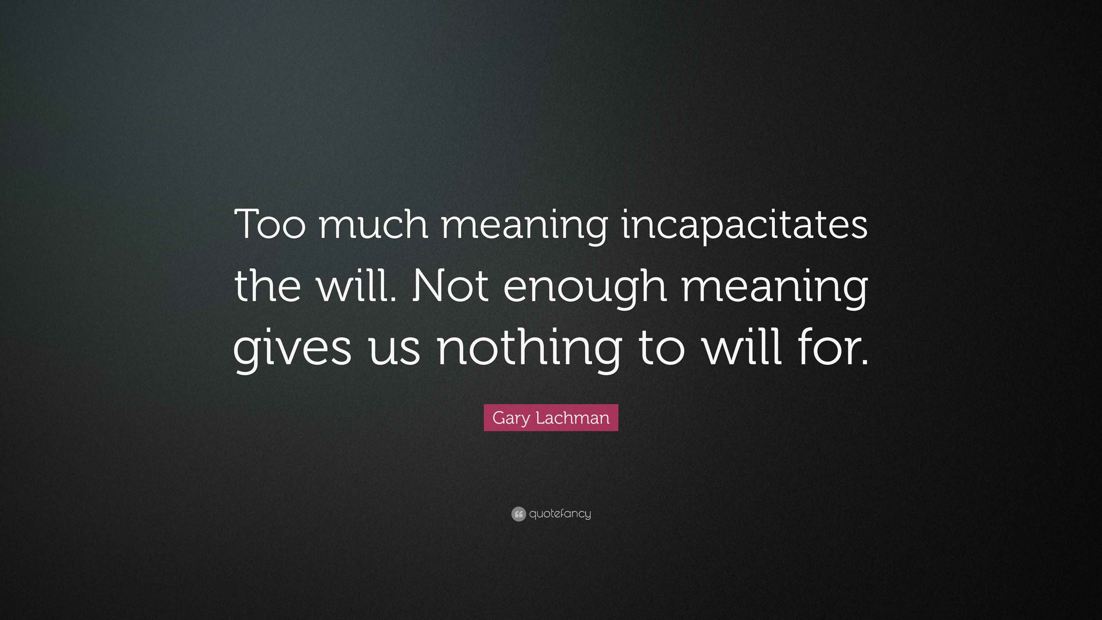 Gary Lachman Quote “Too much meaning incapacitates the will. Not
