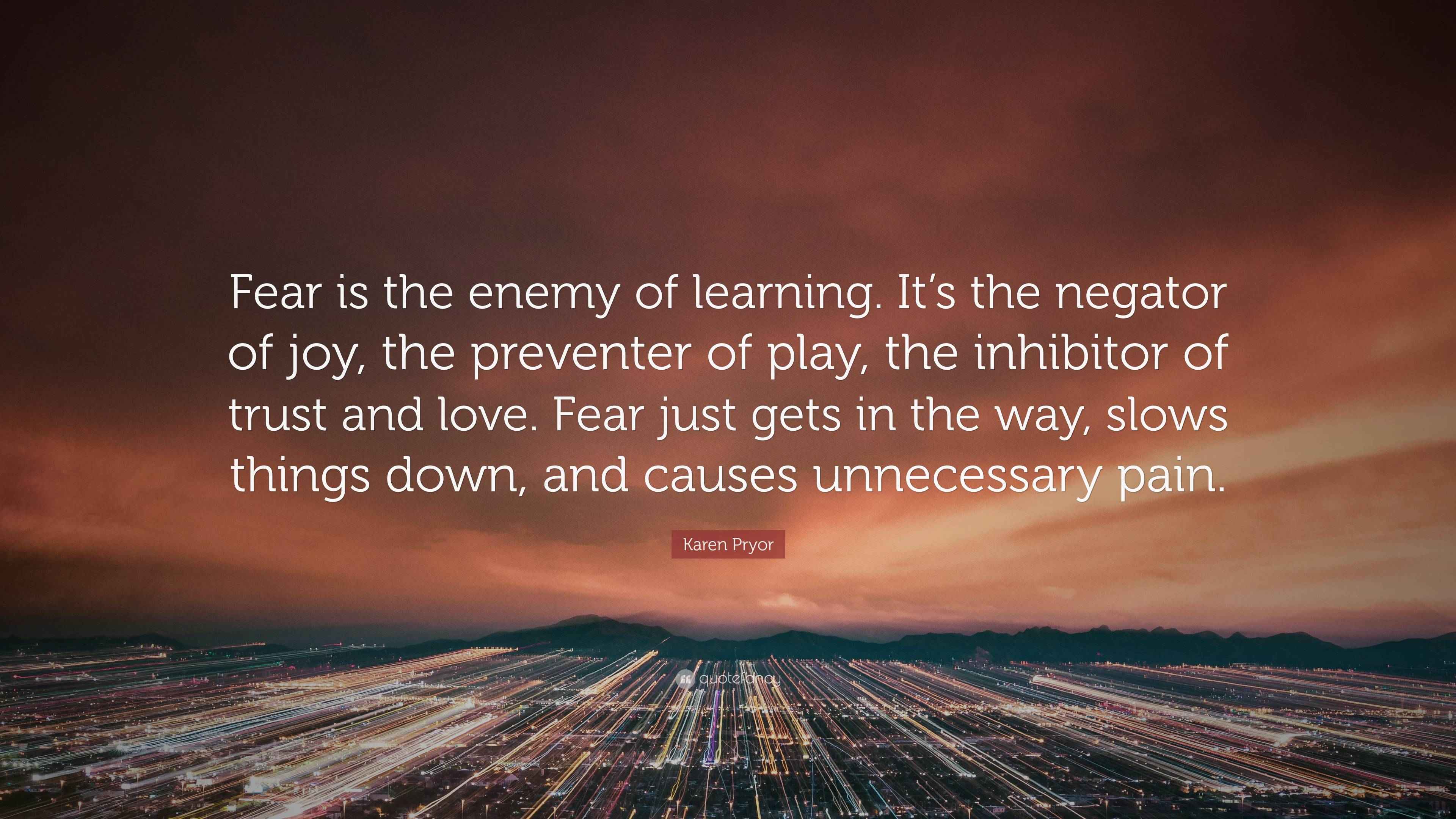 Karen Pryor Quote “Fear is the enemy of learning. It’s the negator of