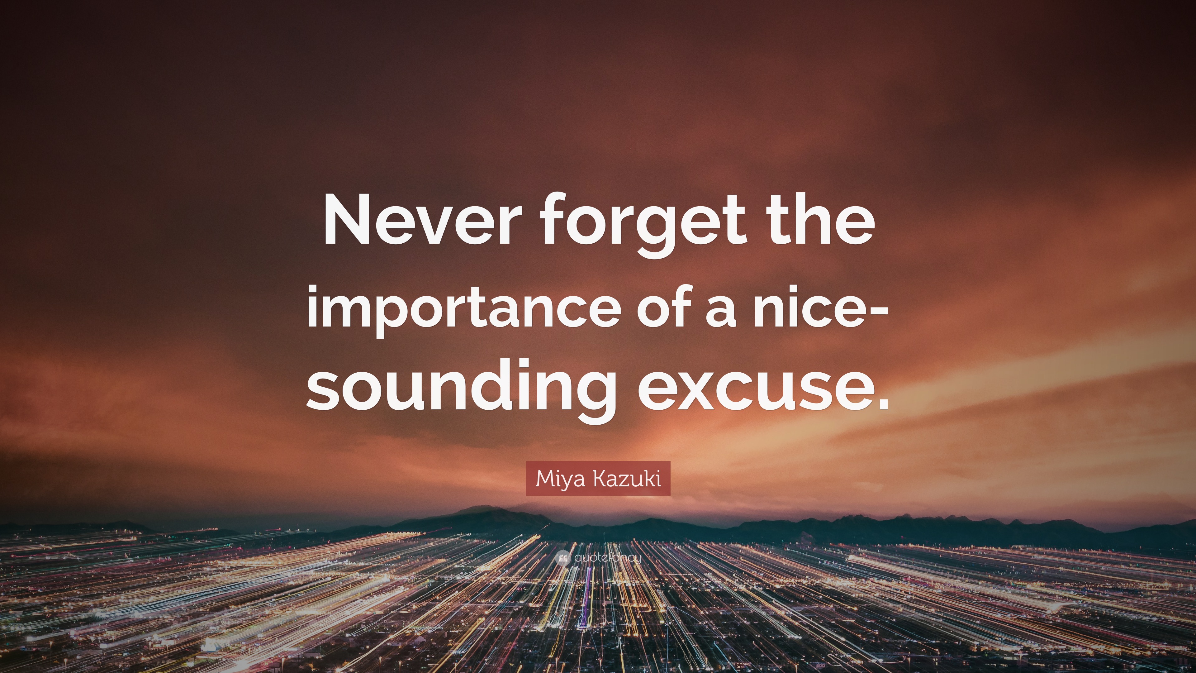 Miya Kazuki Quote “Never the importance of a nicesounding excuse.”