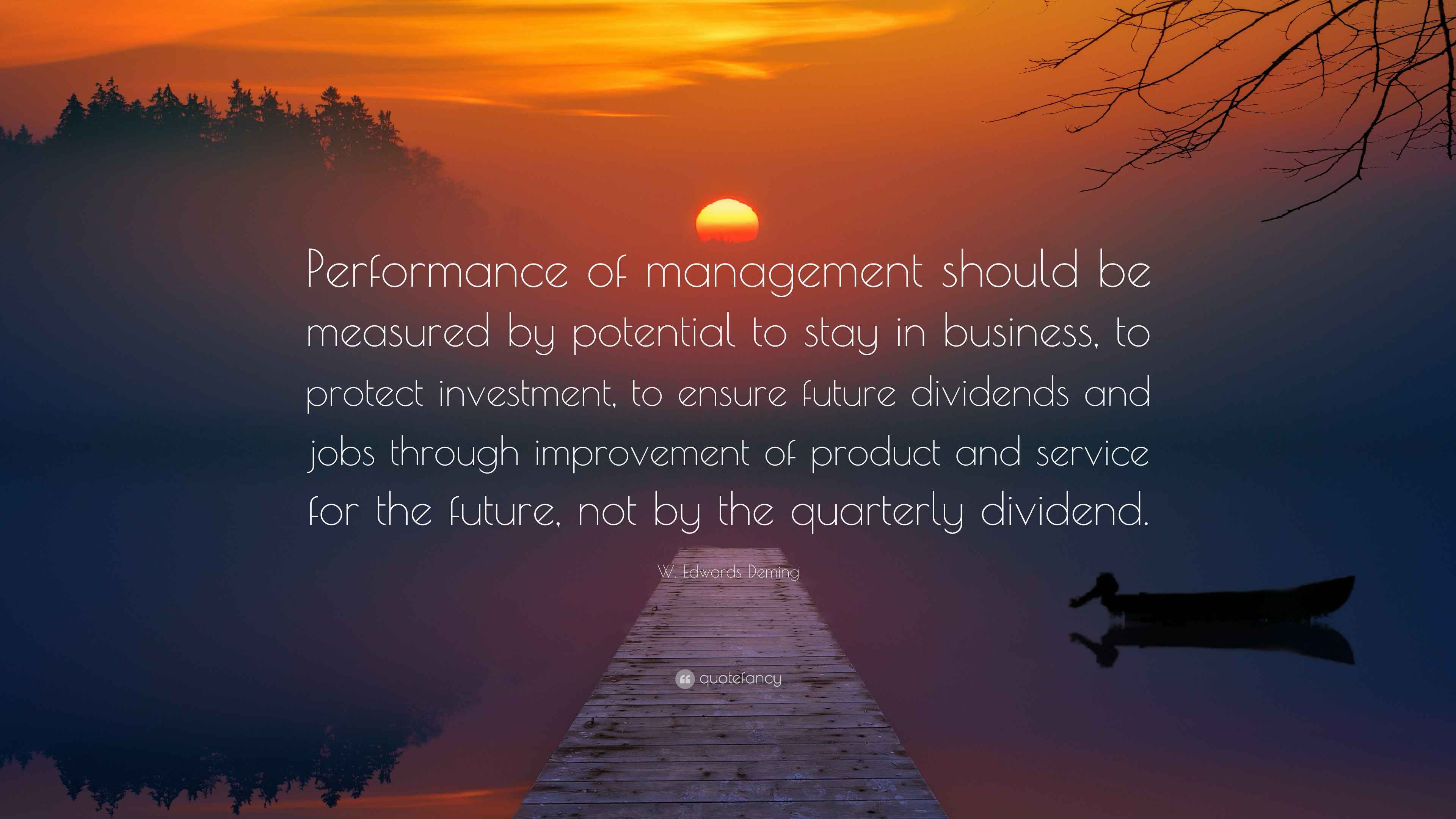 W. Edwards Deming Quote: “Performance of management should be measured by  potential to stay in business, to protect investment, to ensure future...”, image size:3840x2160