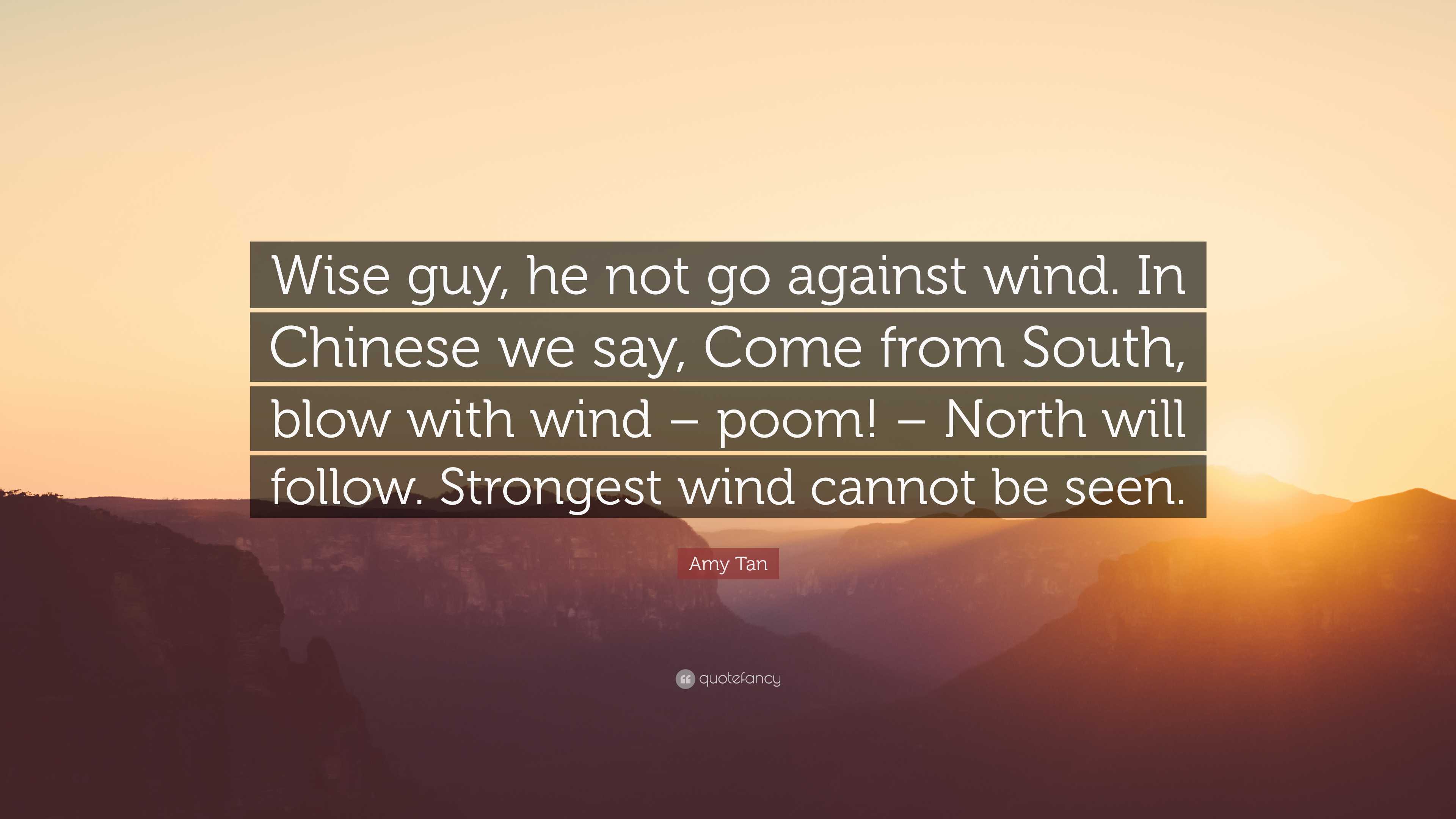 Amy Tan Quote: "Wise guy, he not go against wind. In Chinese we say ...
