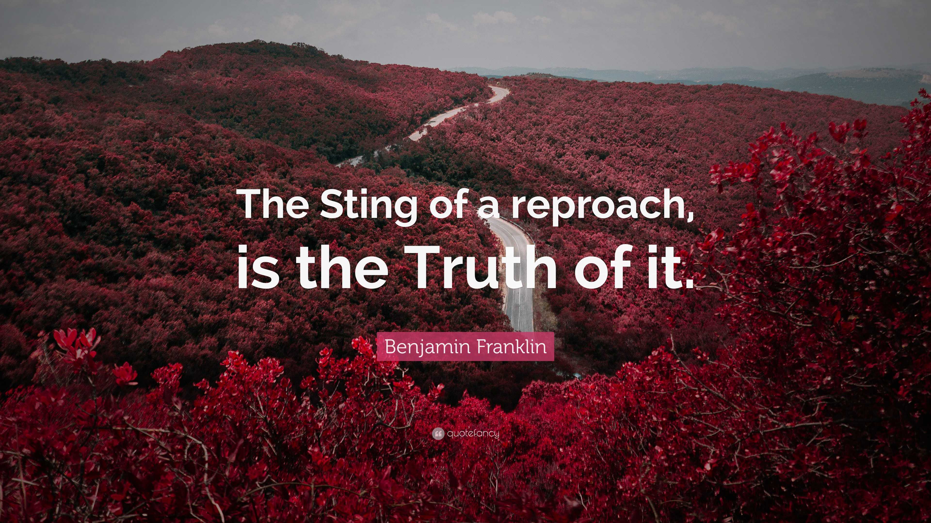 Benjamin Franklin Quote: “The Sting of a reproach, is the Truth of it.”