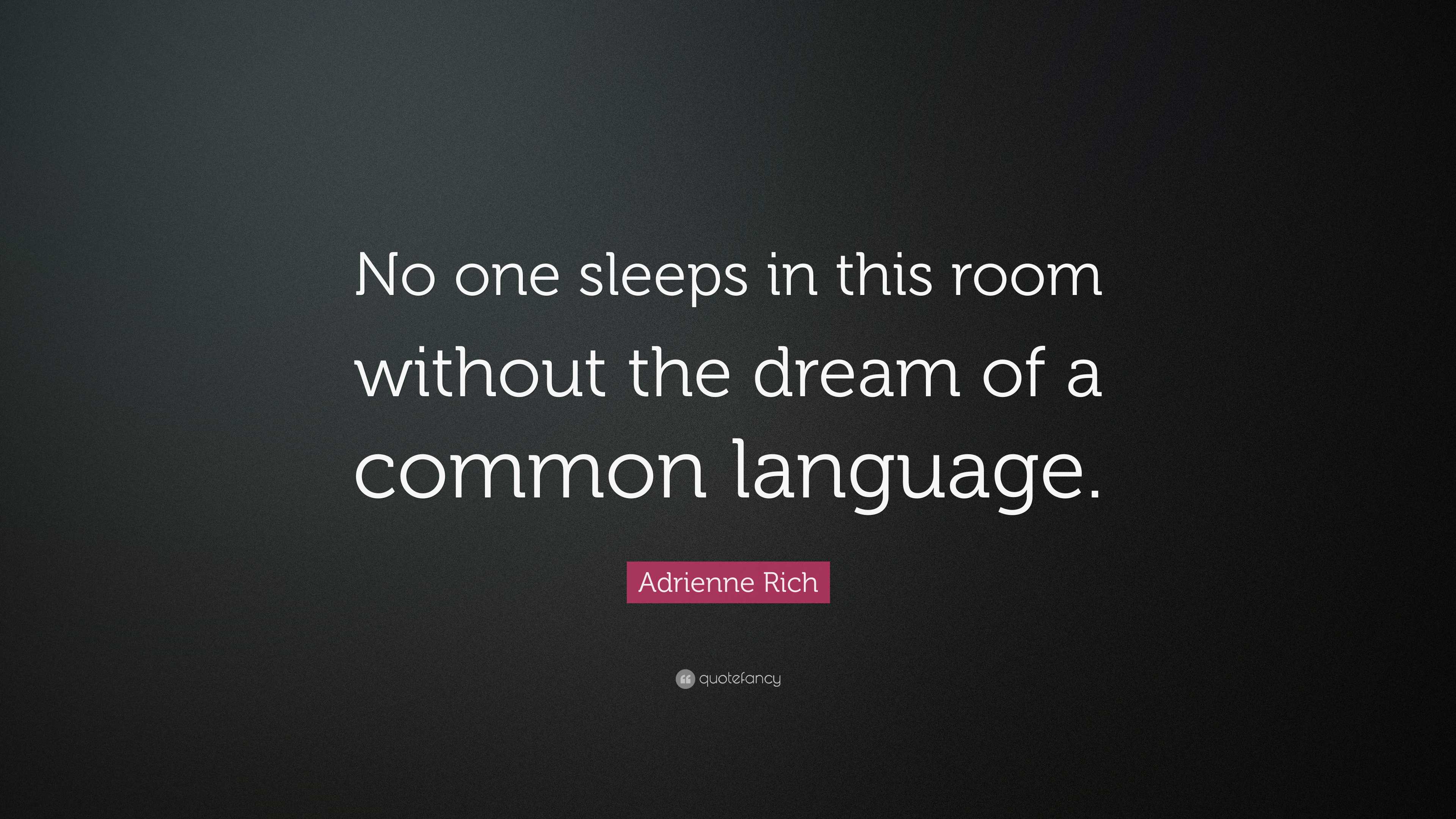 Adrienne Rich Quote: “No one sleeps in this room without the dream of a  common language.”, image size:3840x2160