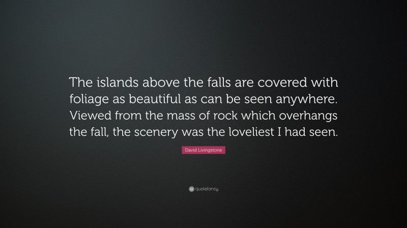 David Livingstone Quote: “The islands above the falls are covered with foliage as beautiful as can be seen anywhere. Viewed from the mass of rock which overhangs the fall, the scenery was the loveliest I had seen.”