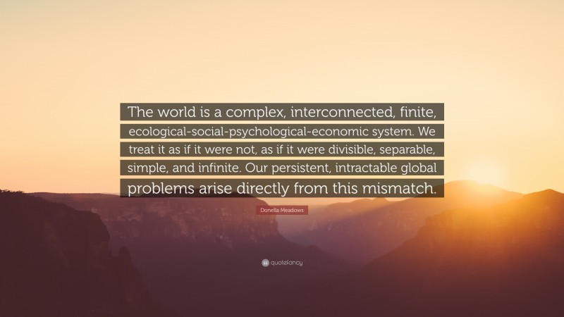 Donella Meadows Quote: “The world is a complex, interconnected, finite, ecological-social-psychological-economic system. We treat it as if it were not, as if it were divisible, separable, simple, and infinite. Our persistent, intractable global problems arise directly from this mismatch.”
