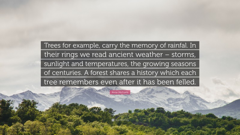 Anne Michaels Quote: “Trees for example, carry the memory of rainfal. In their rings we read ancient weather – storms, sunlight and temperatures, the growing seasons of centuries. A forest shares a history which each tree remembers even after it has been felled.”