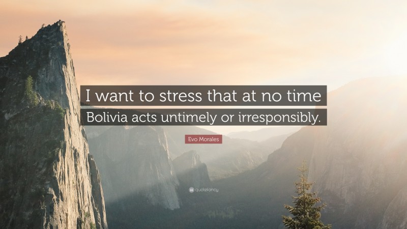 Evo Morales Quote: “I want to stress that at no time Bolivia acts untimely or irresponsibly.”